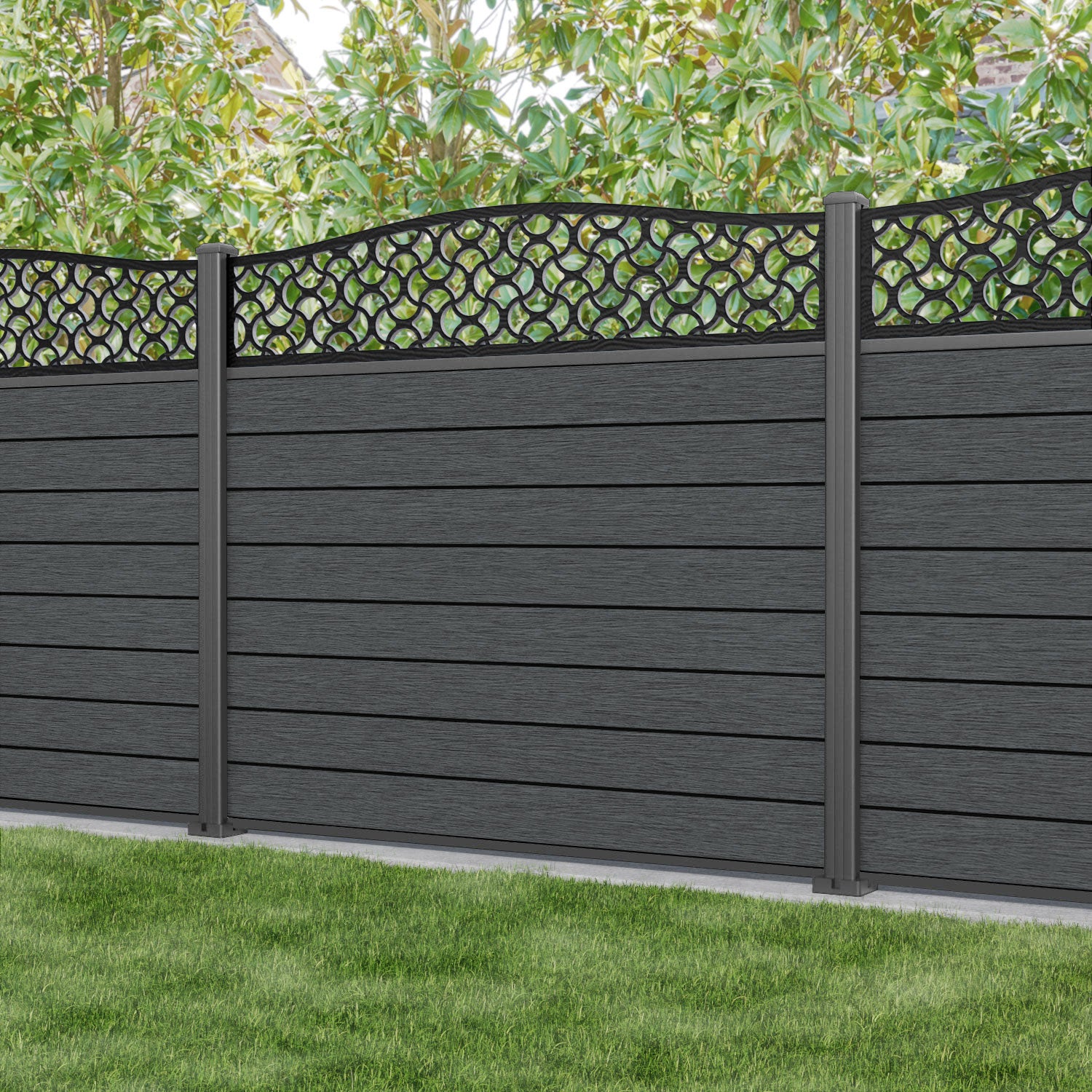 Fusion Vida Curved Top Fence Panel - Dark Grey - with our aluminium posts