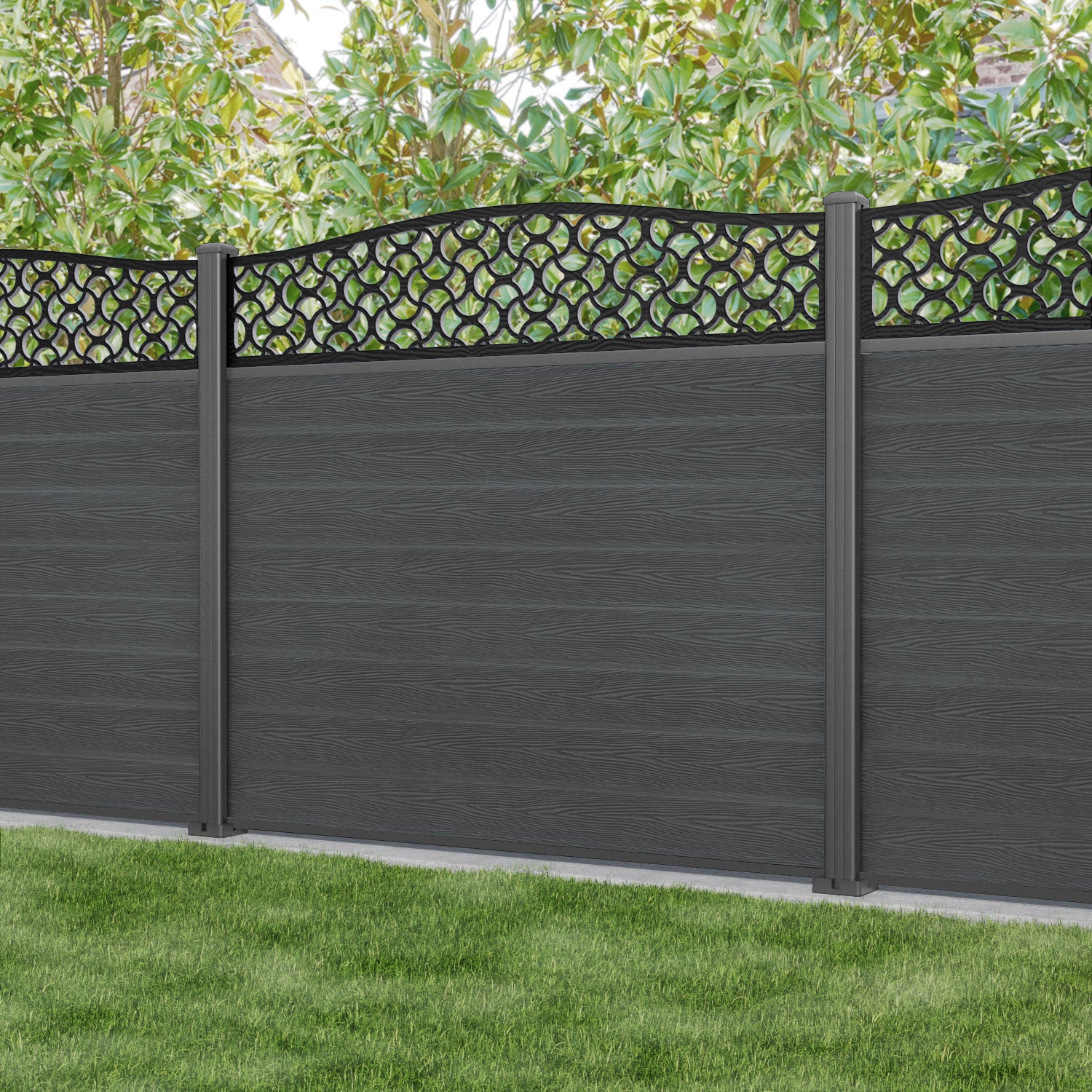 Classic Vida Curved Top Fence Panel - Dark Grey - with our aluminium posts