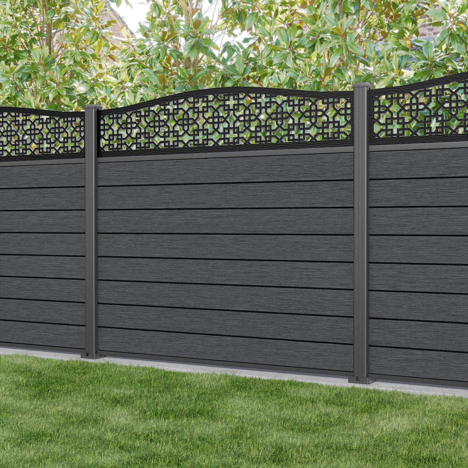Fusion Zaria Curved Top Fence Panel - Dark Grey - with our aluminium posts