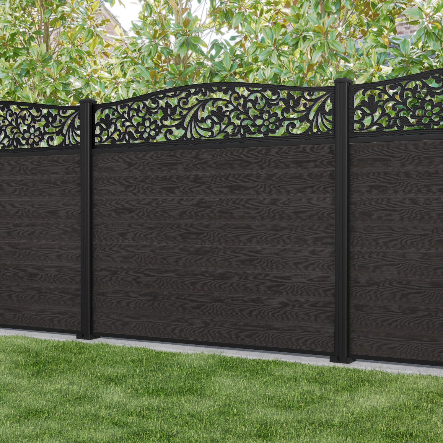 Classic Eden Curved Top Fence Panel - Dark Oak - with our aluminium posts