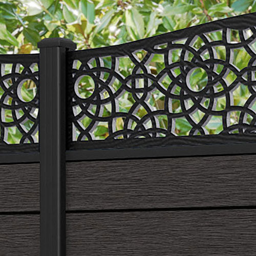 Fusion Ambar Curved Top Fence Panel - Dark Oak - with our aluminium posts
