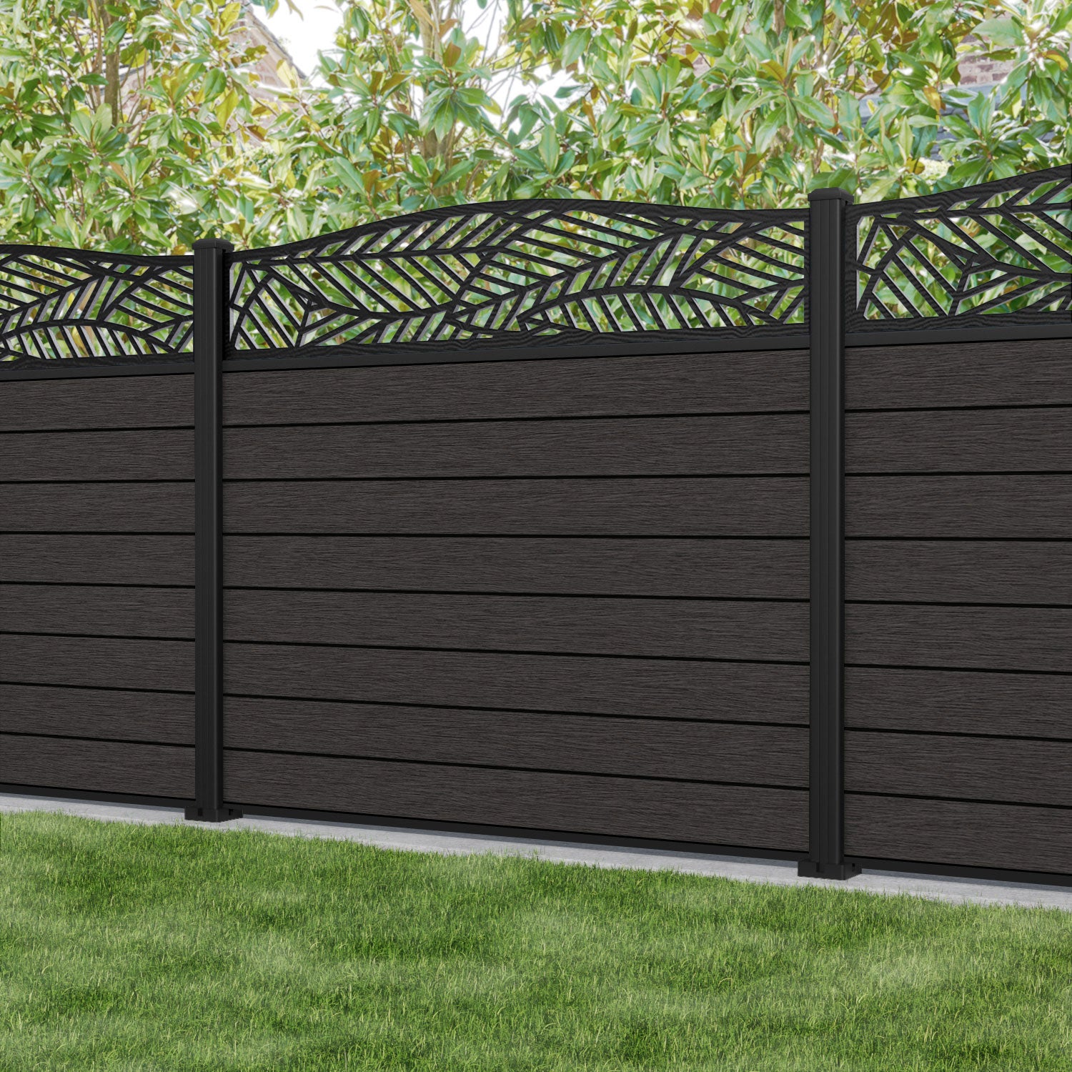 Fusion Habitat Curved Top Fence Panel - Dark Oak - with our aluminium posts