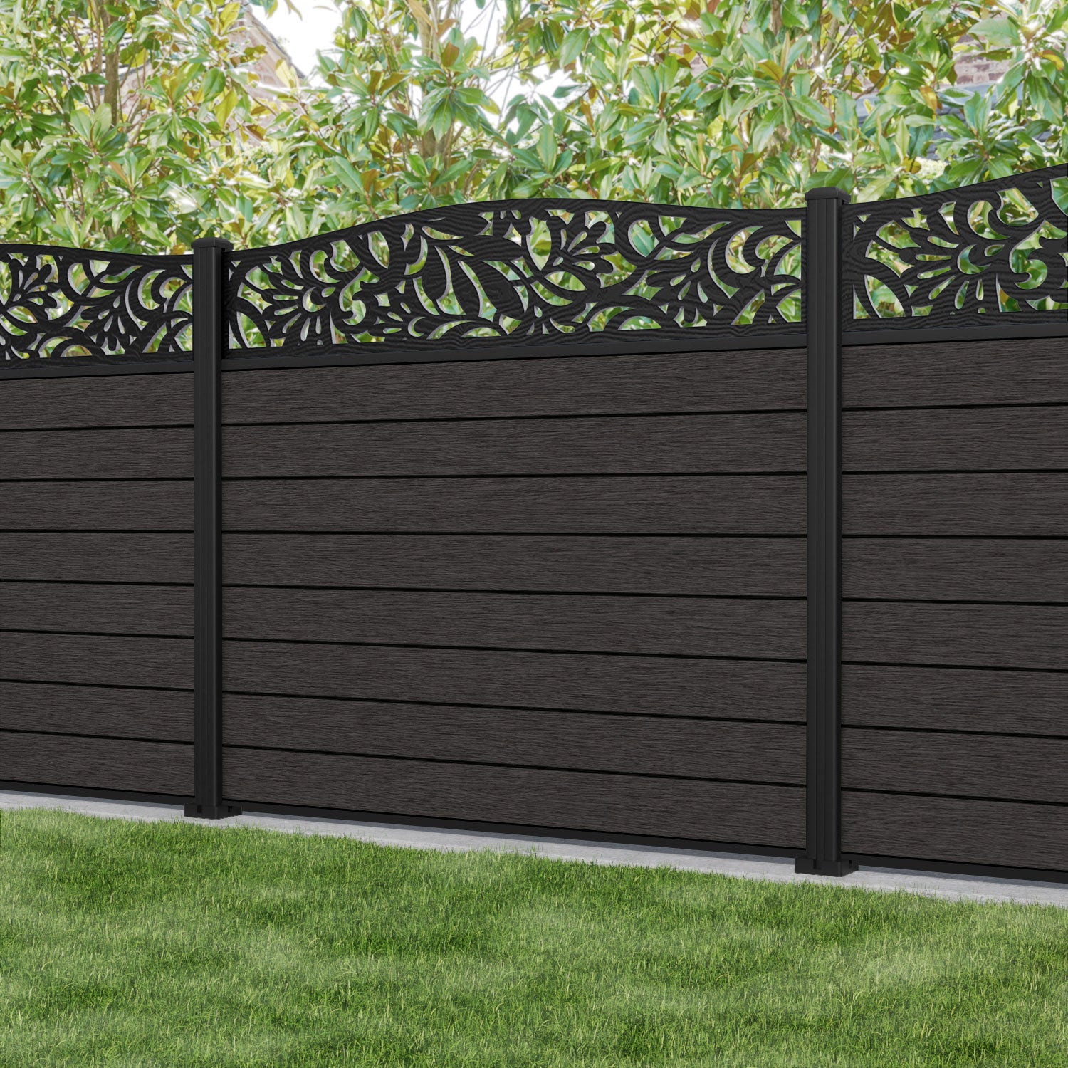 Fusion Heritage Curved Top Fence Panel - Dark Oak - with our aluminium posts