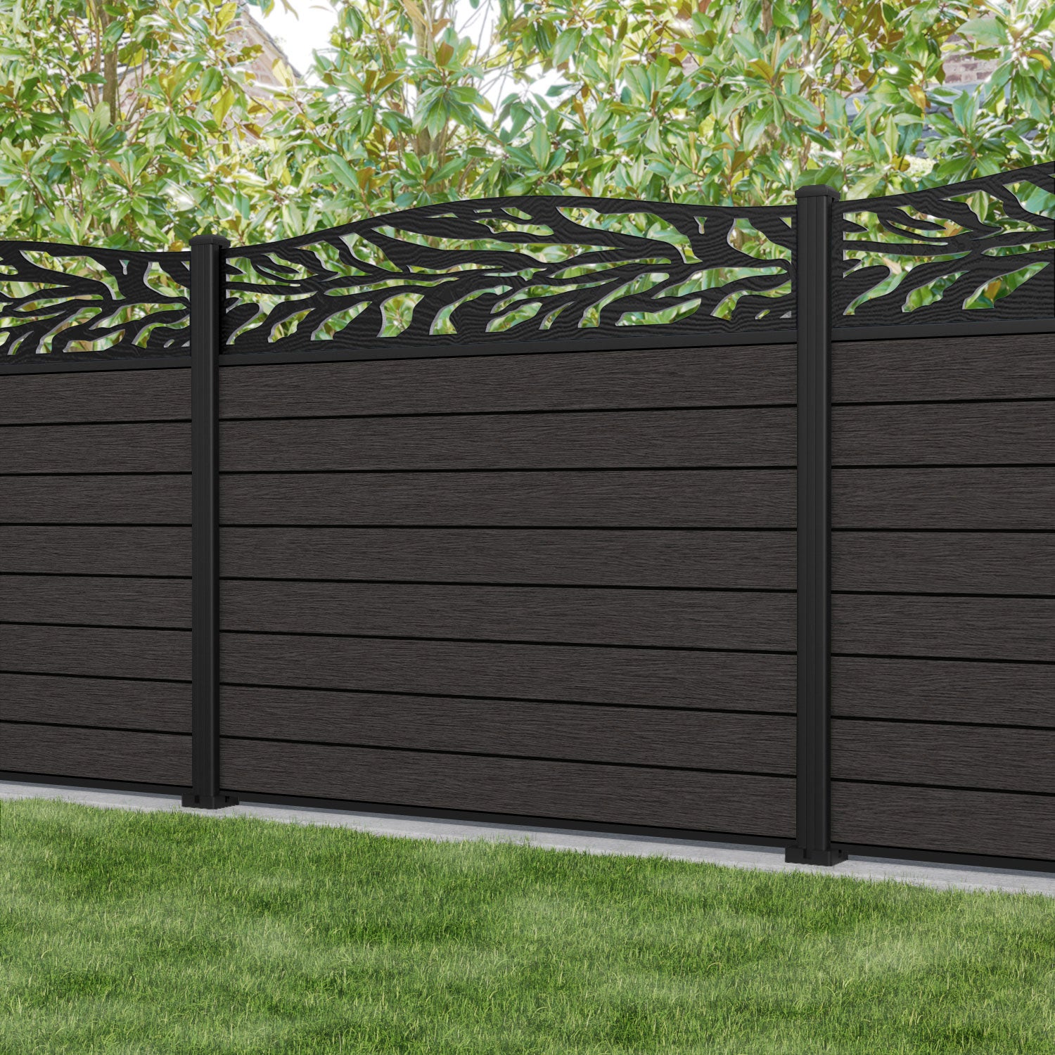 Fusion Malawi Curved Top Fence Panel - Dark Oak - with our aluminium posts