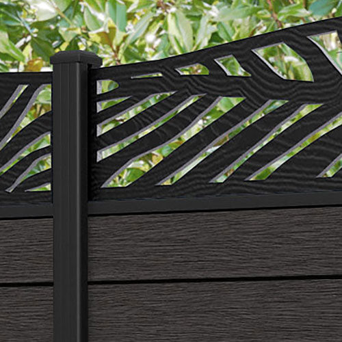 Fusion Palm Curved Top Fence Panel - Dark Oak - with our aluminium posts