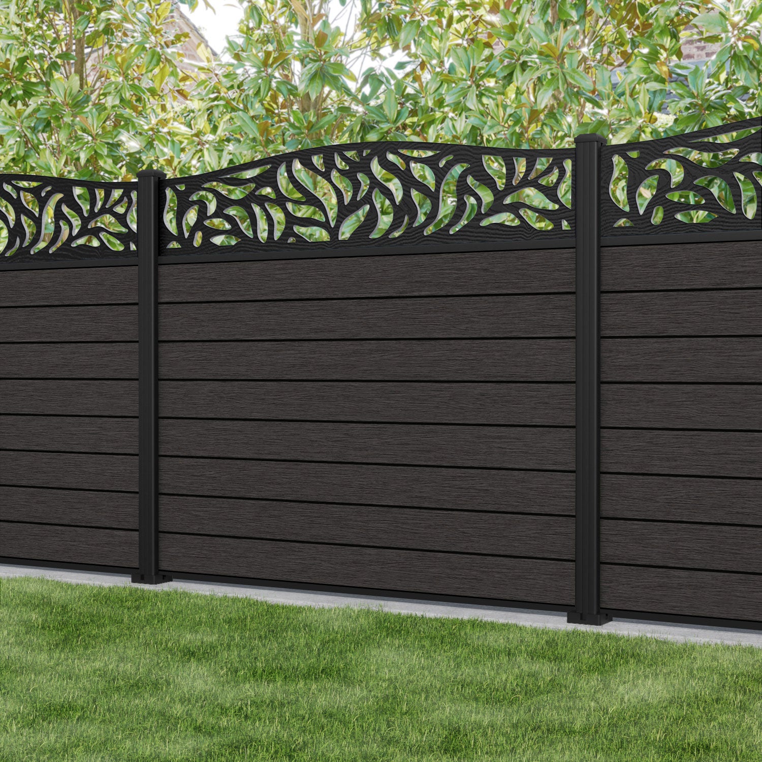 Fusion Plume Curved Top Fence Panel - Dark Oak - with our aluminium posts