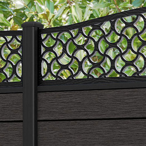 Fusion Vida Curved Top Fence Panel - Dark Oak - with our aluminium posts