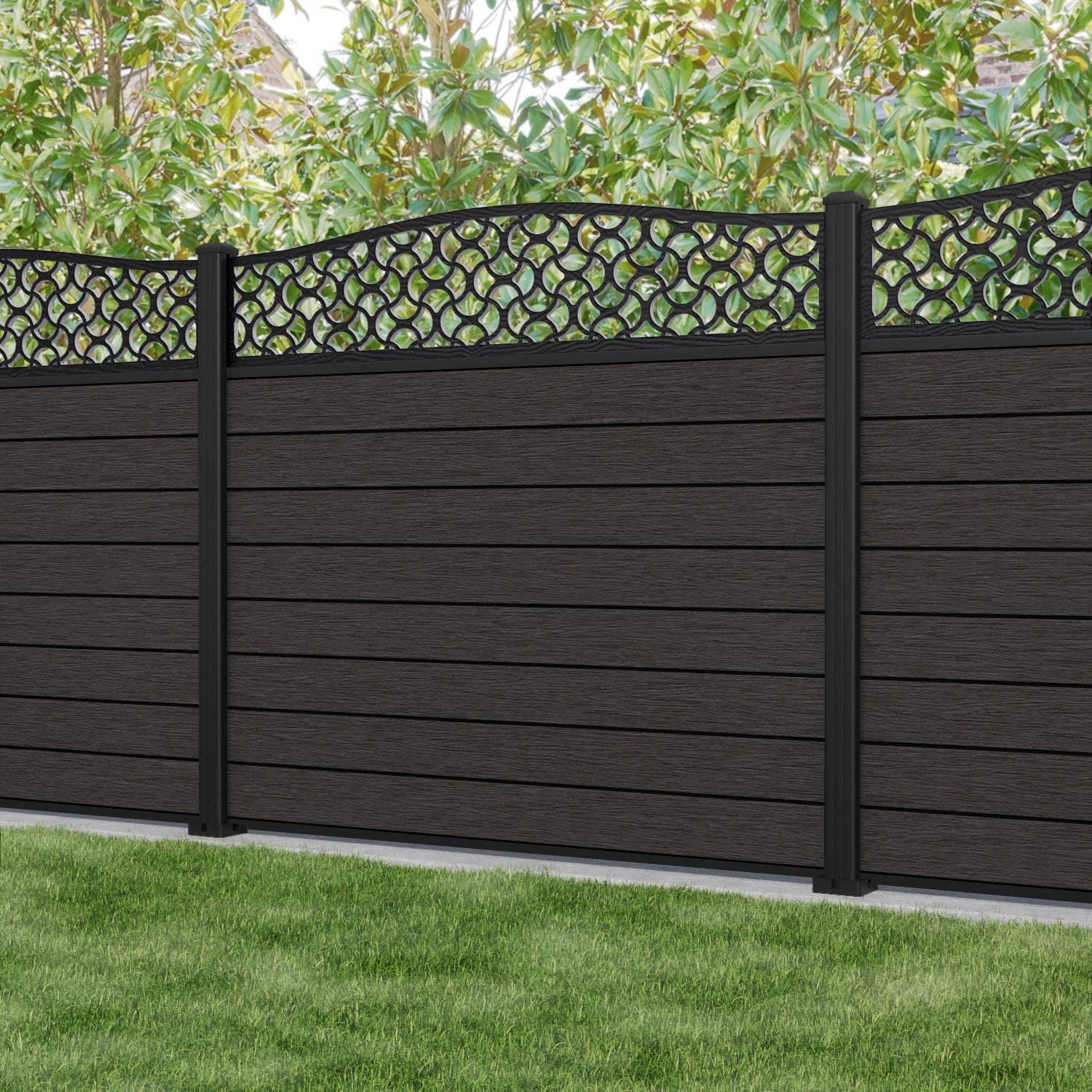 Fusion Vida Curved Top Fence Panel - Dark Oak - with our aluminium posts