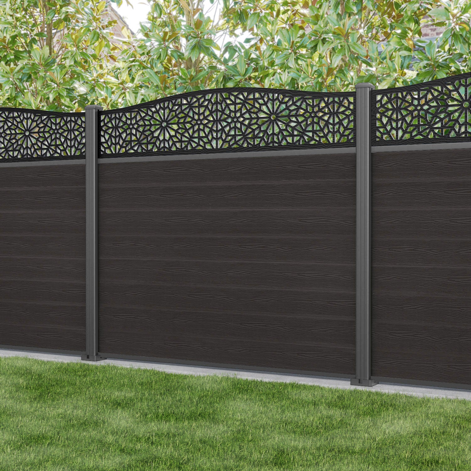 Classic Alnara Curved Top Fence Panel - Dark Oak - with our aluminium posts