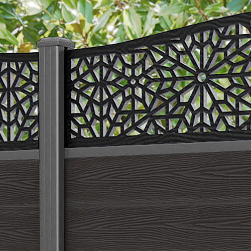 Classic Alnara Curved Top Fence Panel - Dark Oak - with our aluminium posts
