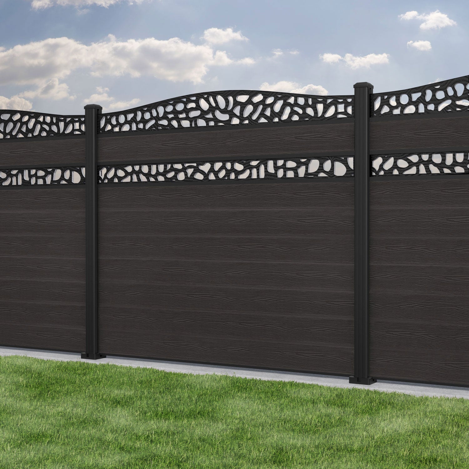 Classic Pebble Curved Top Split Screen Fence Panel - Dark Oak - with our aluminium posts