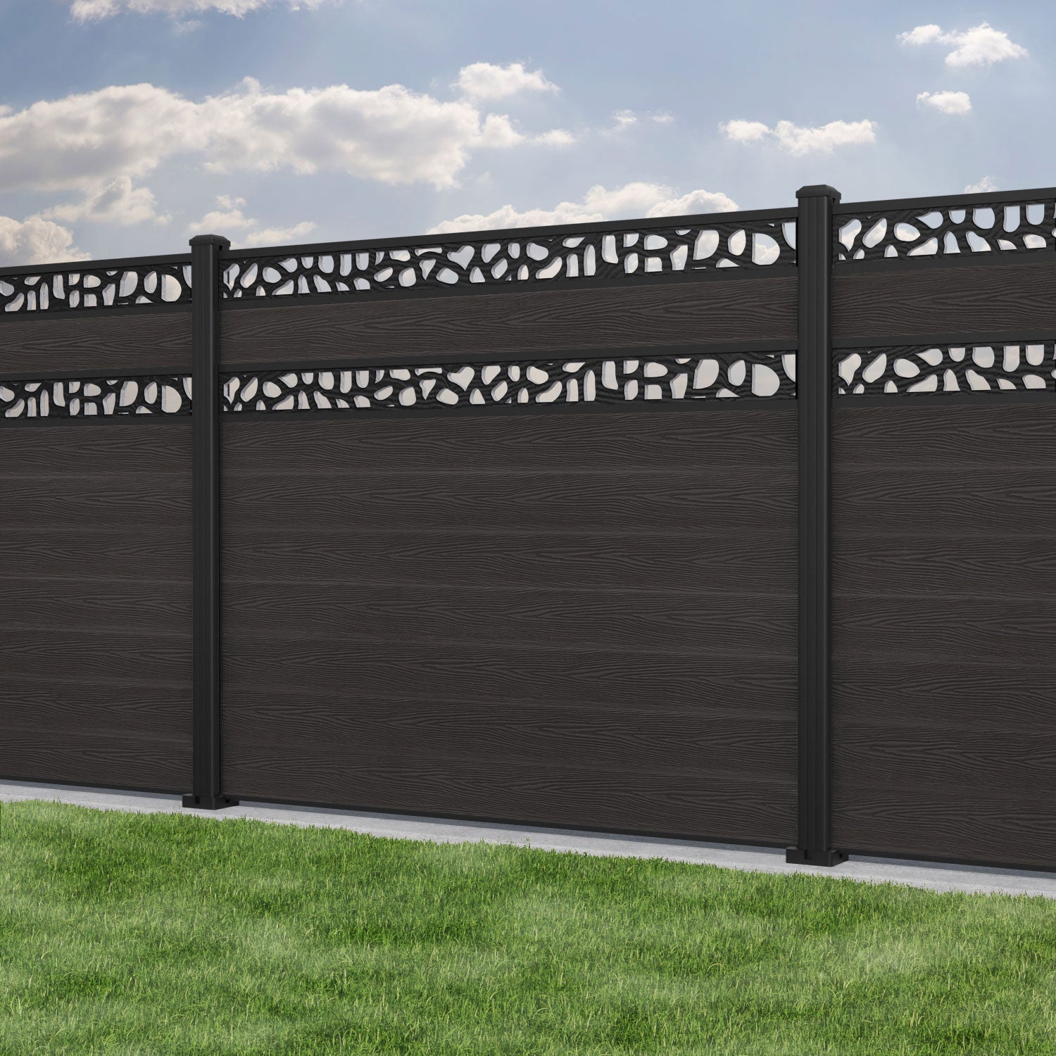 Classic Pebble Split Screen Fence Panel - Dark Oak - with our aluminium posts