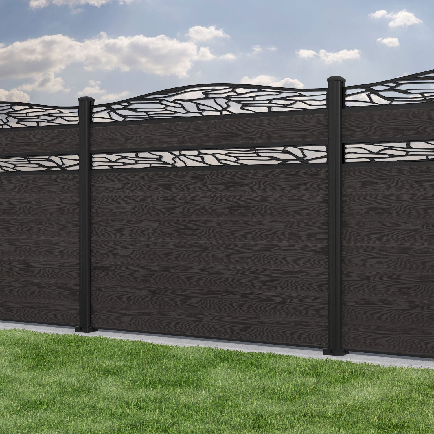 Classic Shatter Curved Top Split Screen Fence Panel - Dark Oak - with our aluminium posts