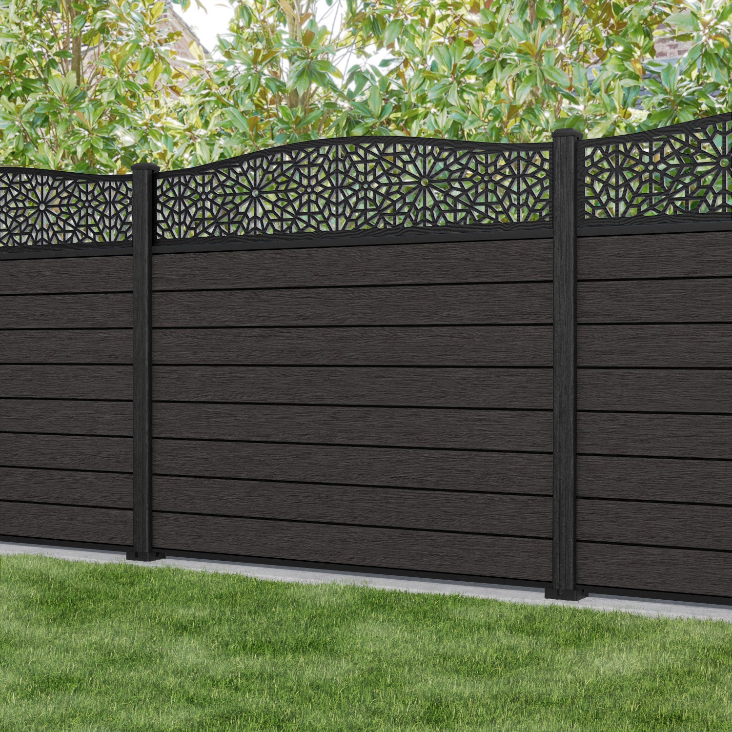 Fusion Alnara Curved Top Fence Panel - Dark Oak - with our composite posts