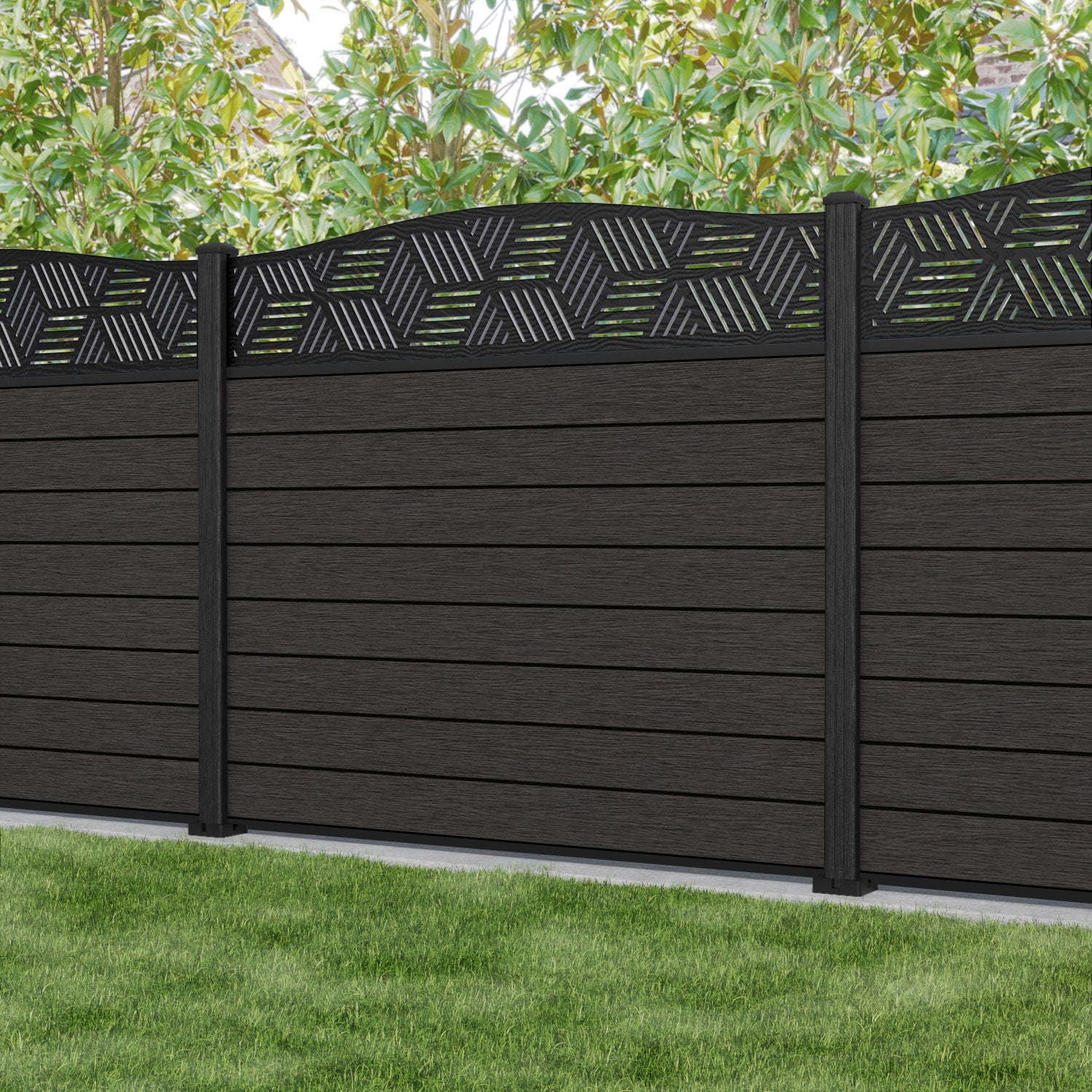 Fusion Cubed Curved Top Fence Panel - Dark Oak - with our composite posts