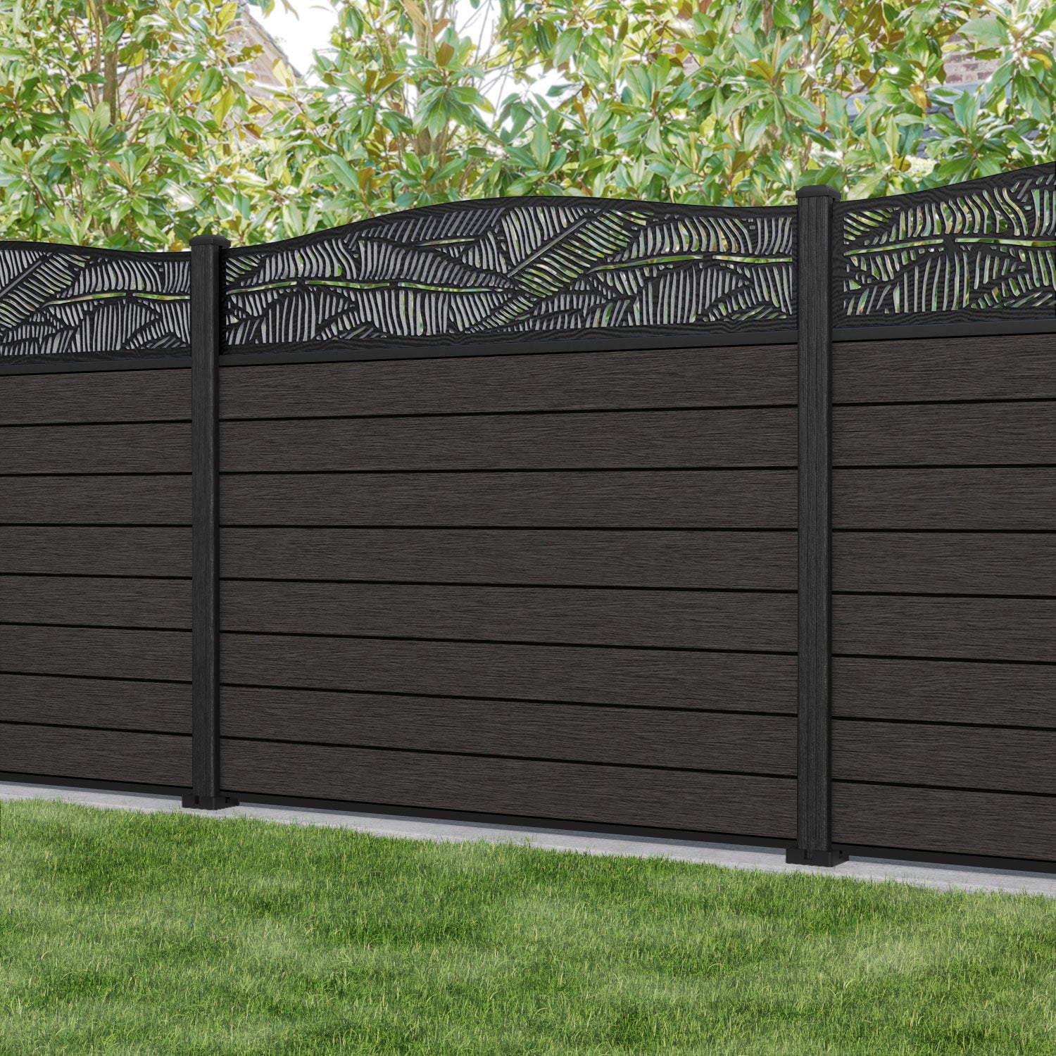 Fusion Feather Curved Top Fence Panel - Dark Oak - with our composite posts