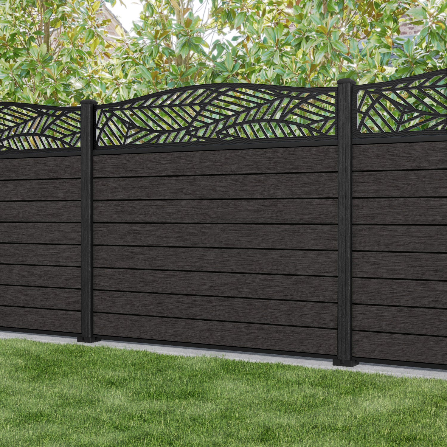 Fusion Habitat Curved Top Fence Panel - Dark Oak - with our composite posts