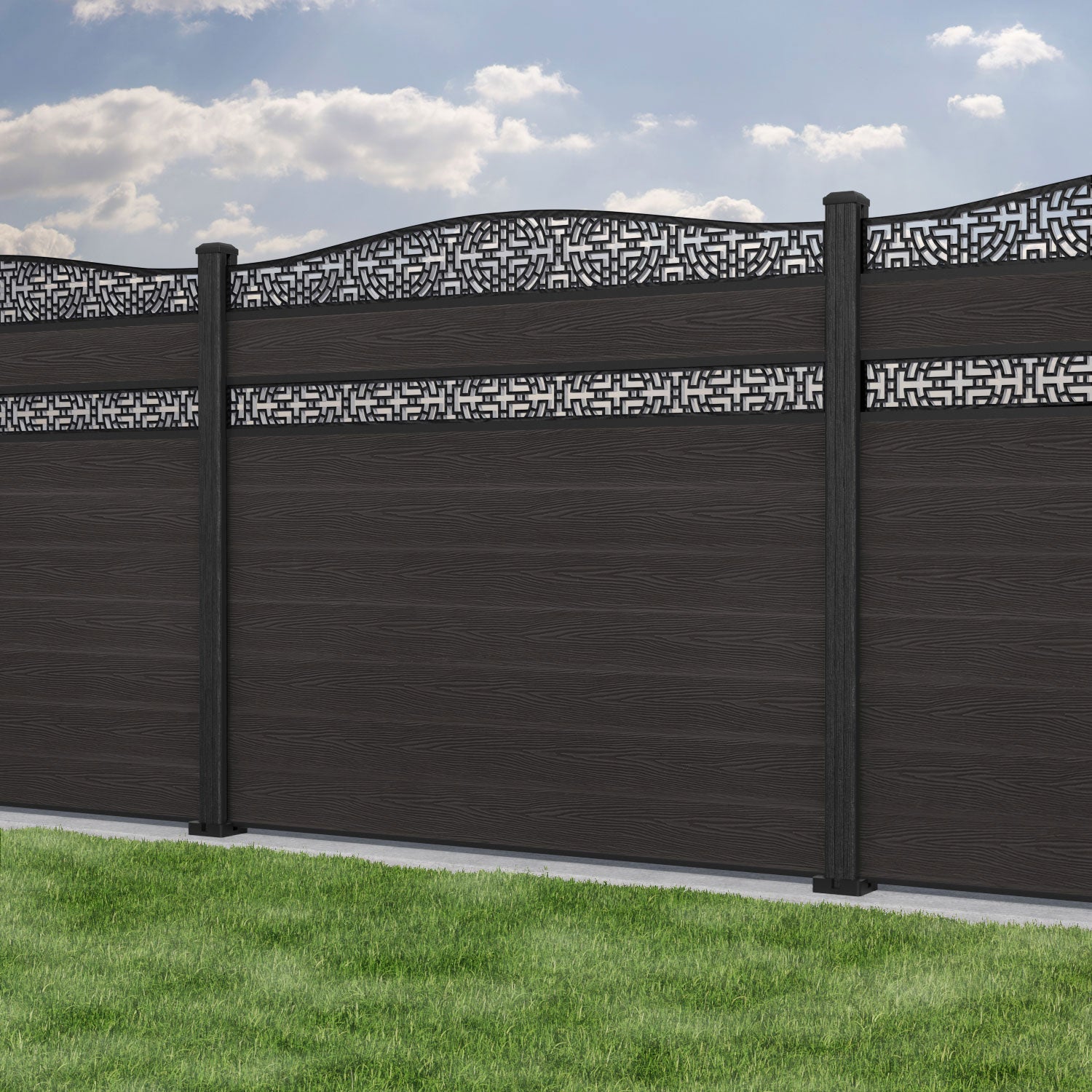 Classic Kumo Curved Top Split Screen Fence Panel - Dark Oak - with our composite posts