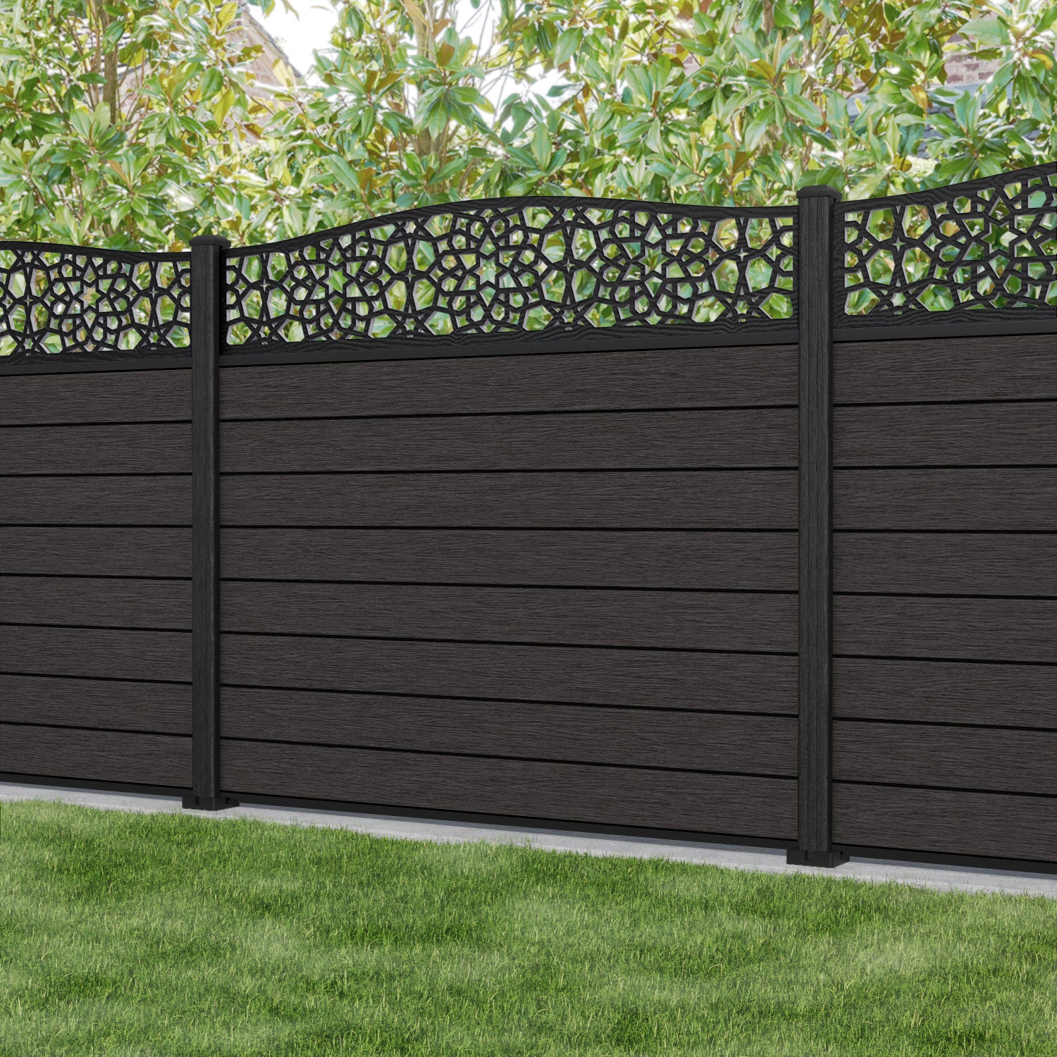 Fusion Nazira Curved Top Fence Panel - Dark Oak - with our composite posts