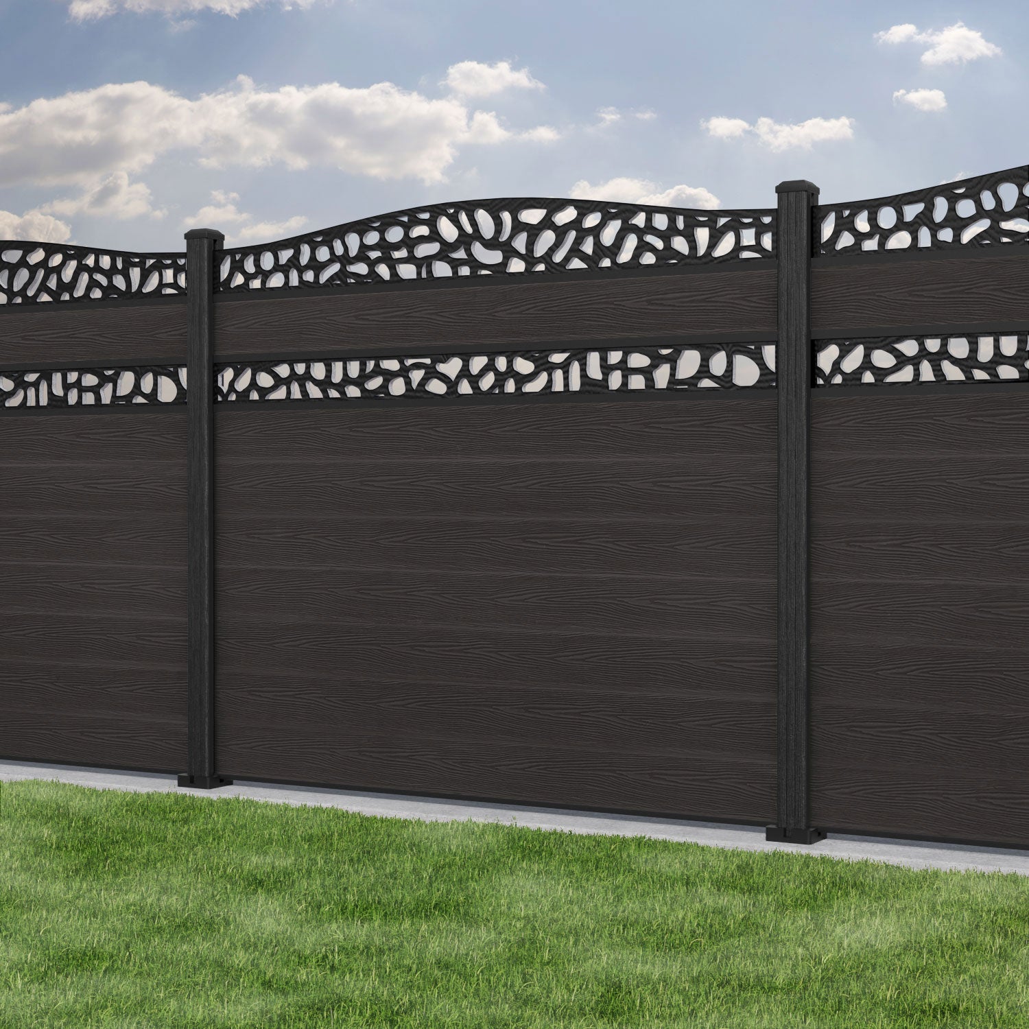 Classic Pebble Curved Top Split Screen Fence Panel - Dark Oak - with our composite posts