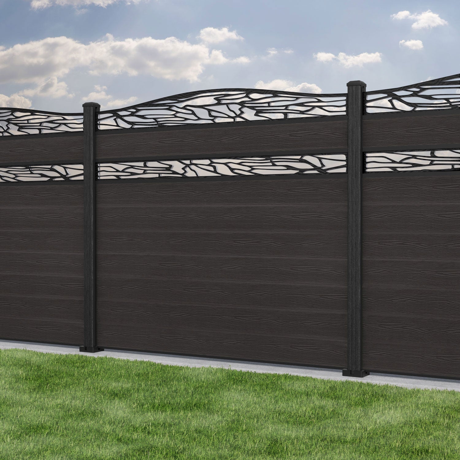 Classic Shatter Curved Top Split Screen Fence Panel - Dark Oak - with our composite posts