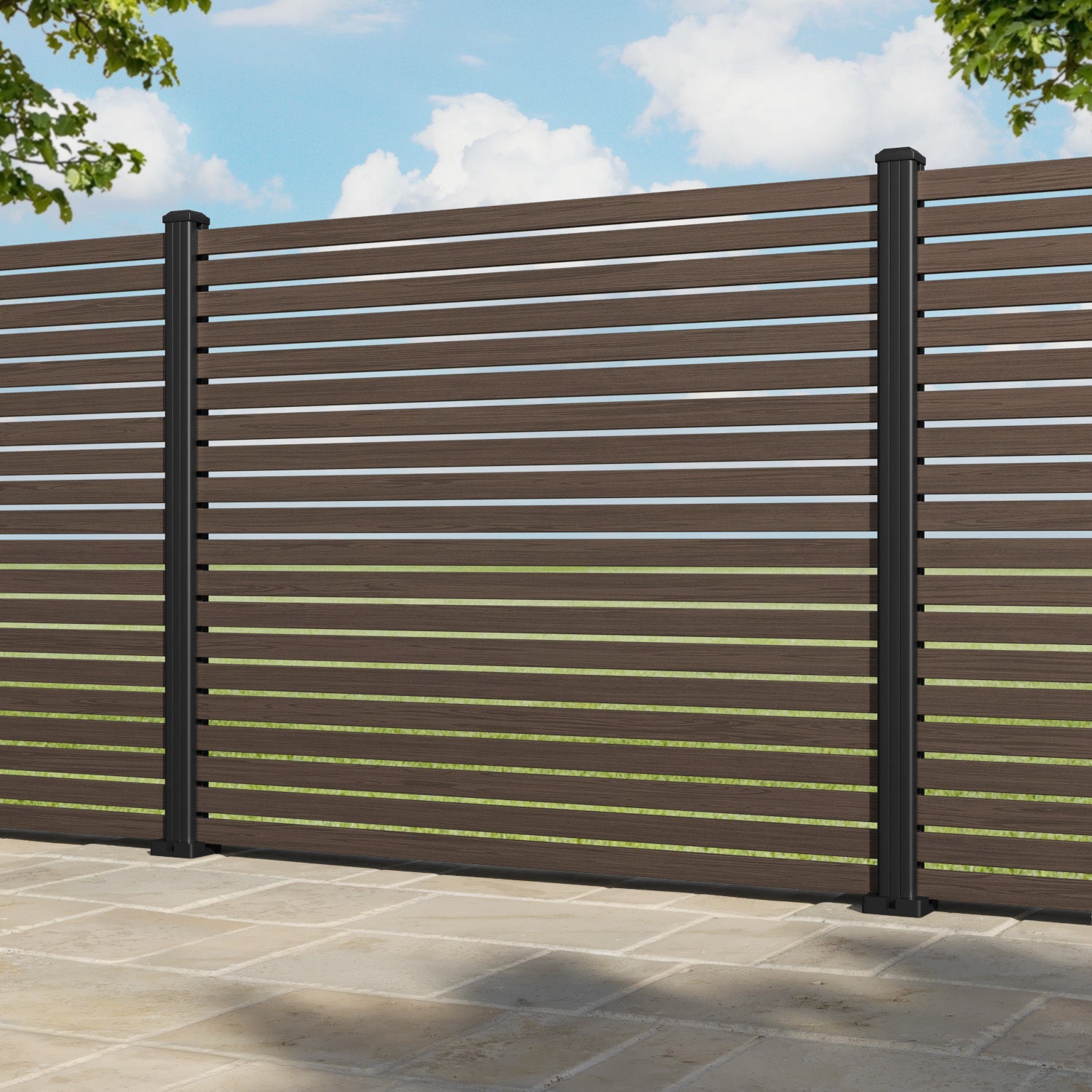 Aria Aluminium Fence Panel - Dark Oak - with our aluminium posts