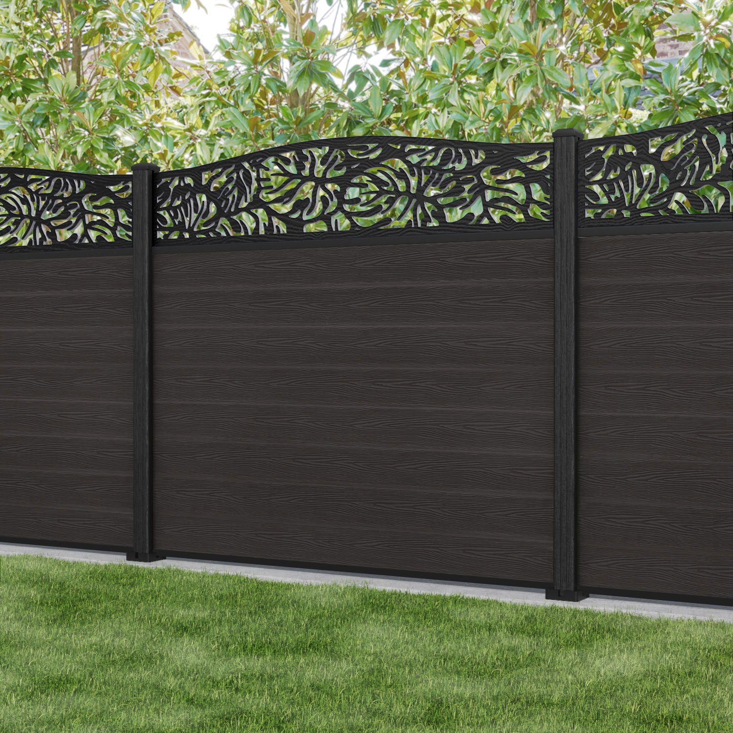 Classic Botanic Curved Top Fence Panel - Dark Oak - with our composite posts
