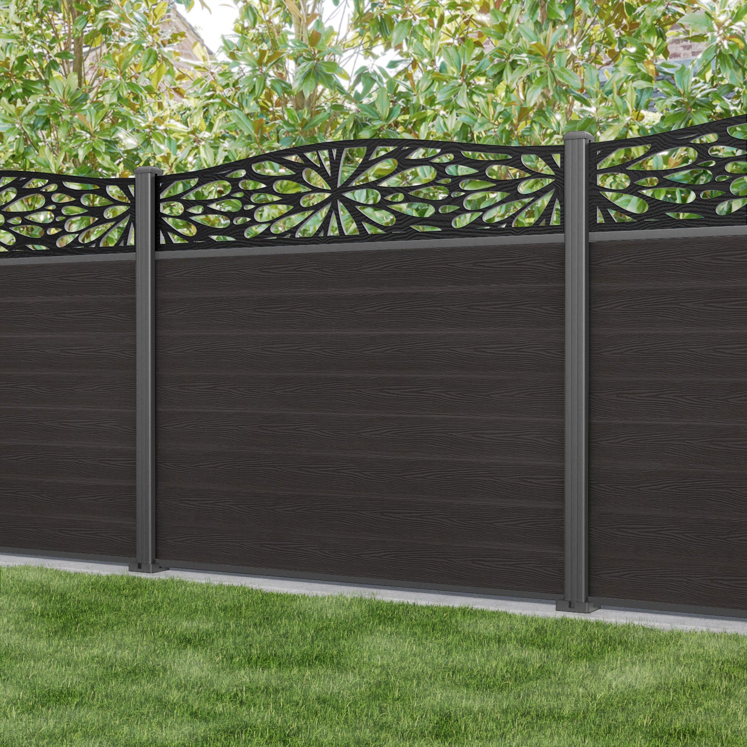 Classic Blossom Curved Top Fence Panel - Dark Oak - with our aluminium posts
