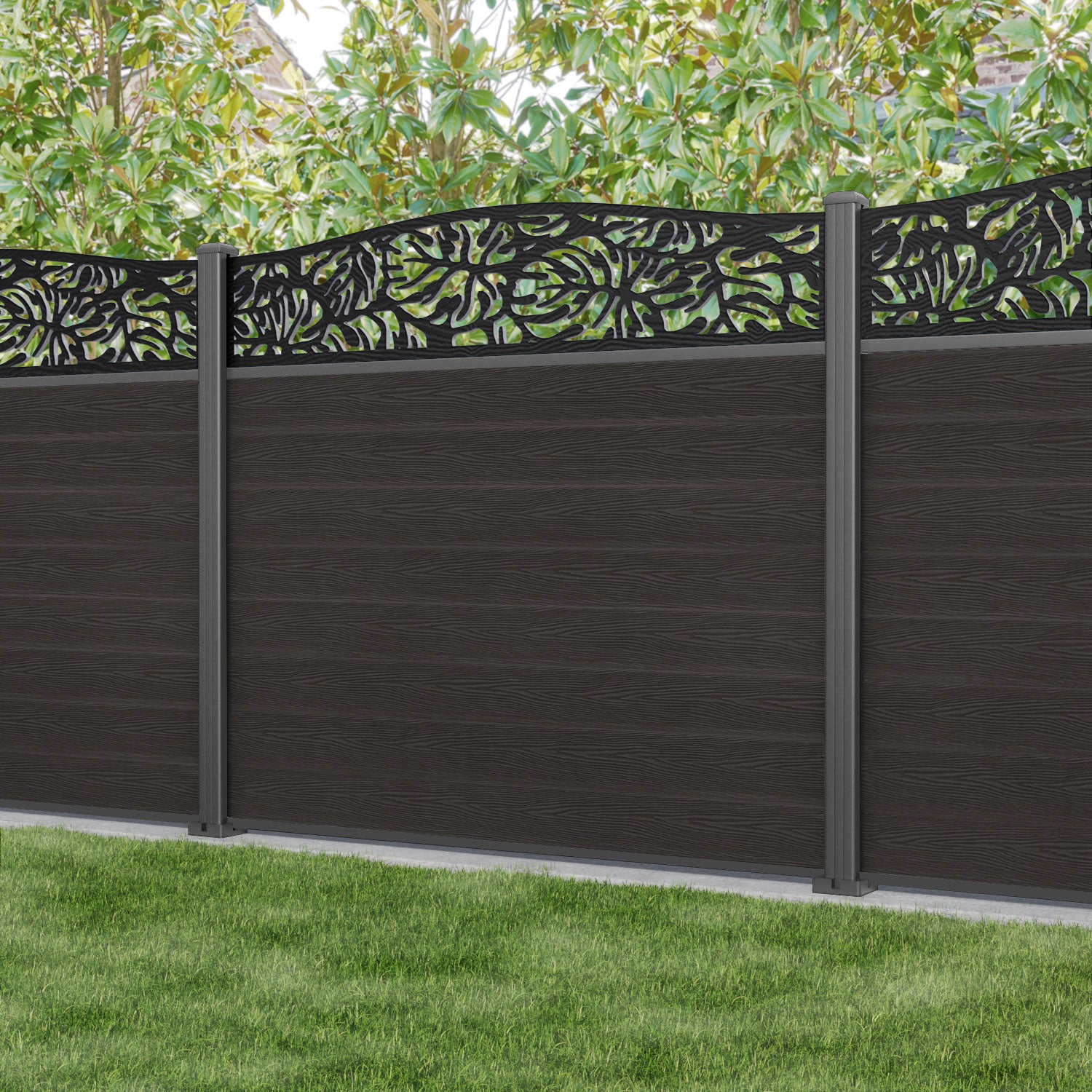 Classic Botanic Curved Top Fence Panel - Dark Oak - with our aluminium posts