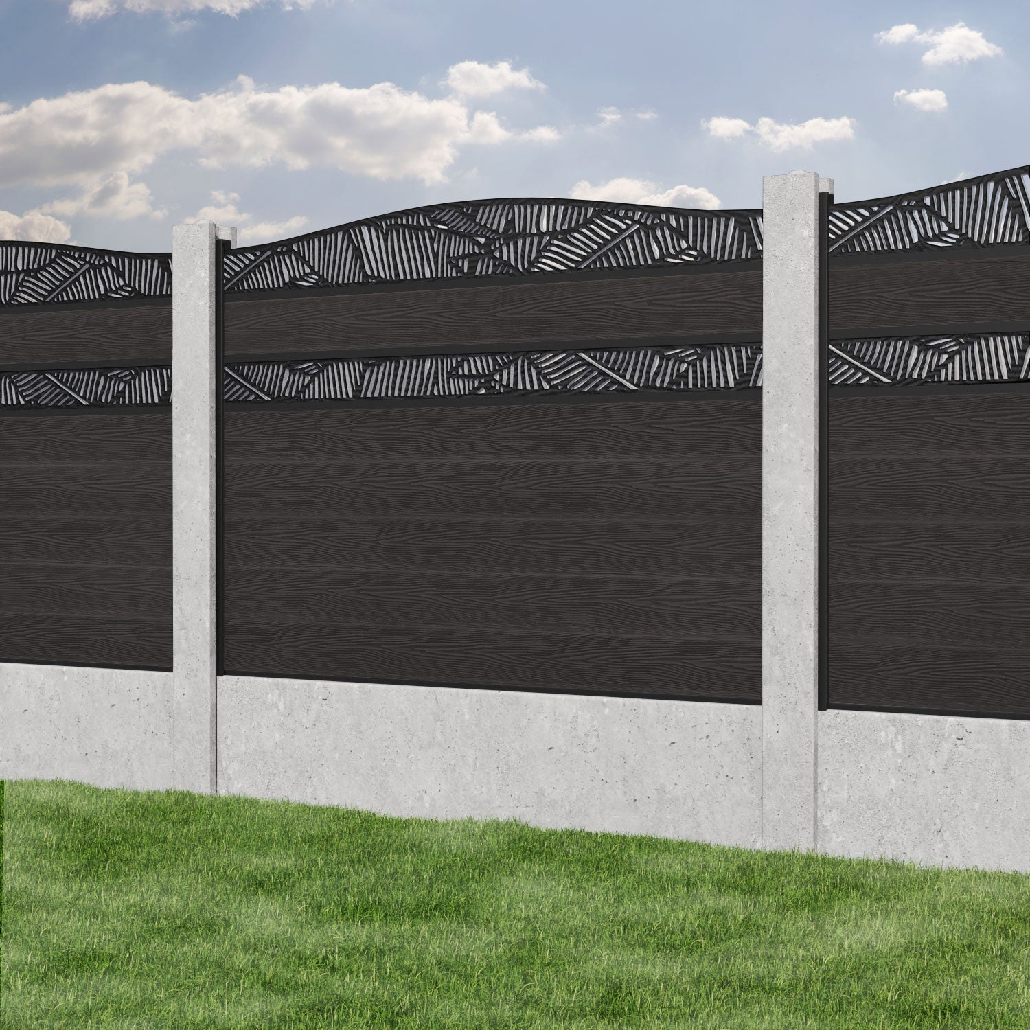 Classic Feather Curved Top Split Screen Fence Panel - Dark Oak - for existing concrete posts