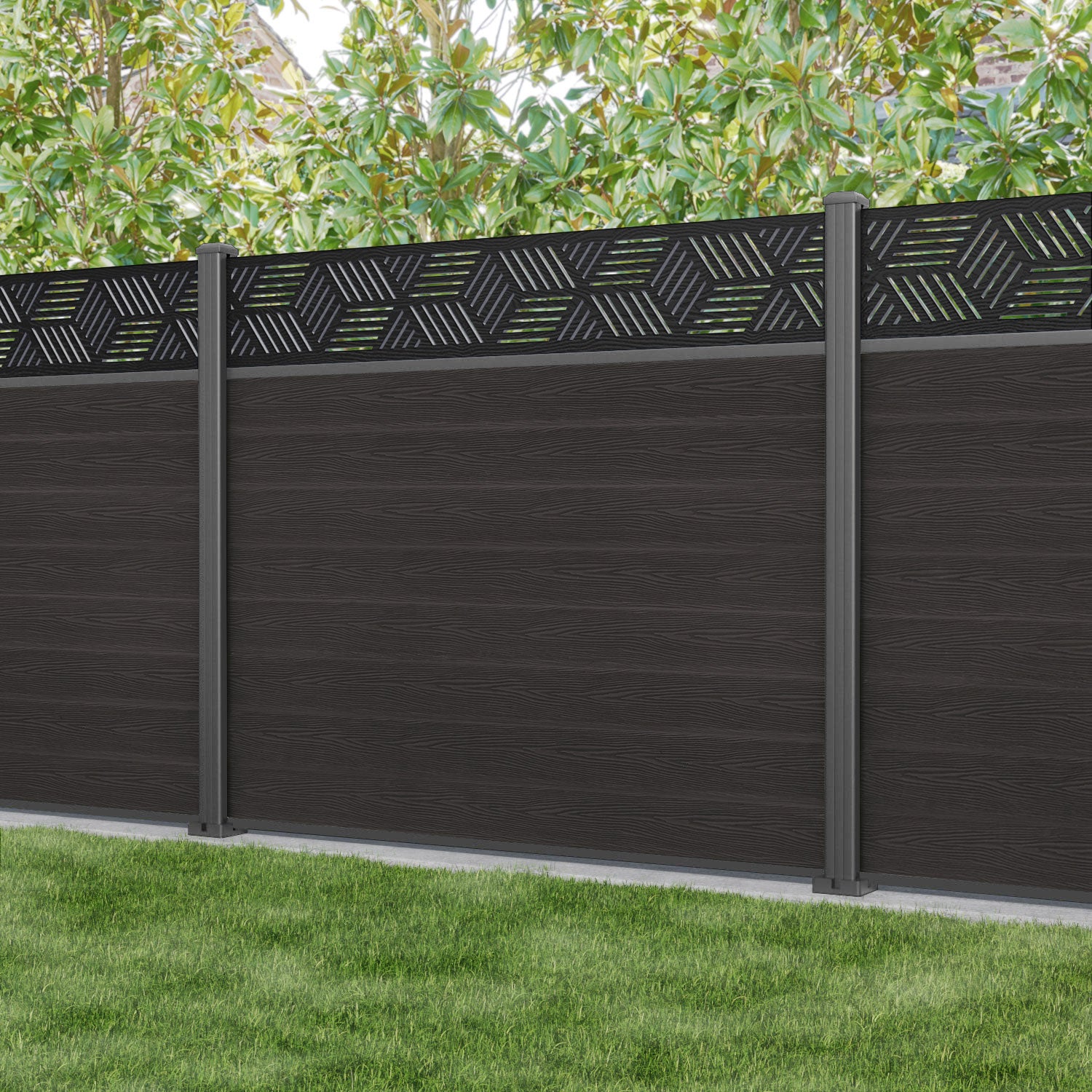Classic Cubed Fence Panel - Dark Oak - with our aluminium posts