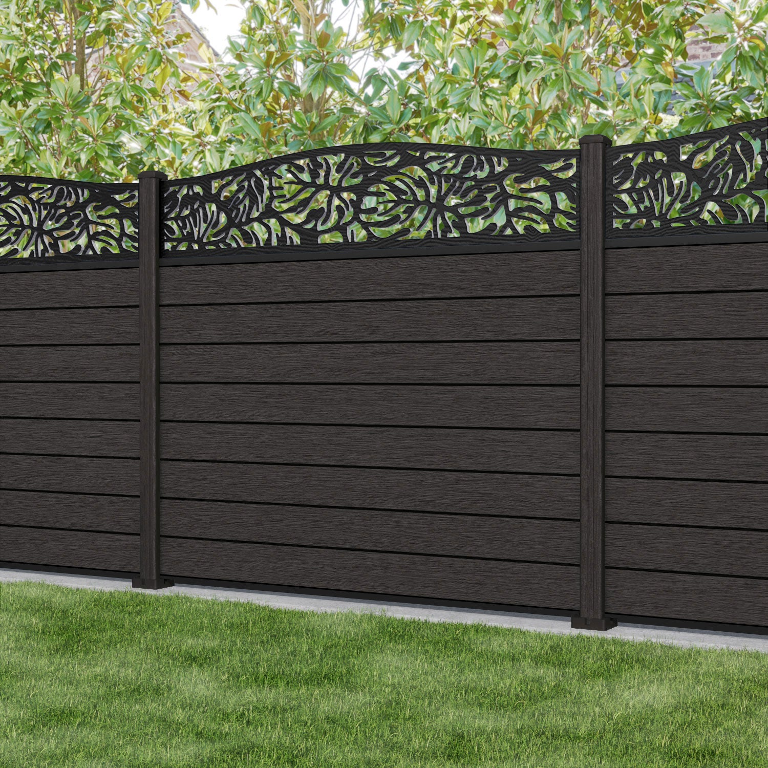 Fusion Botanic Curved Top Fence Panel - Dark Oak - with our composite posts