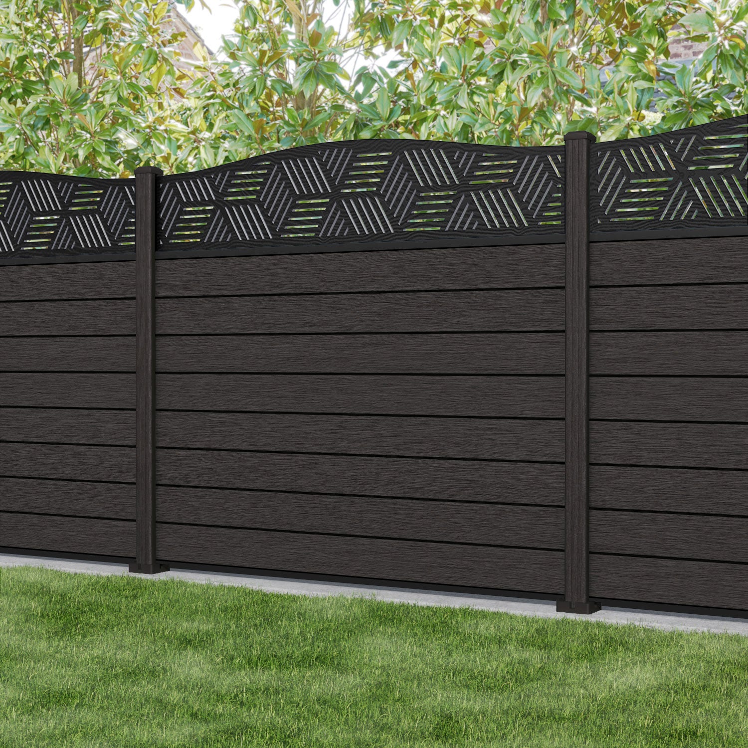 Fusion Cubed Curved Top Fence Panel - Dark Oak - with our composite posts