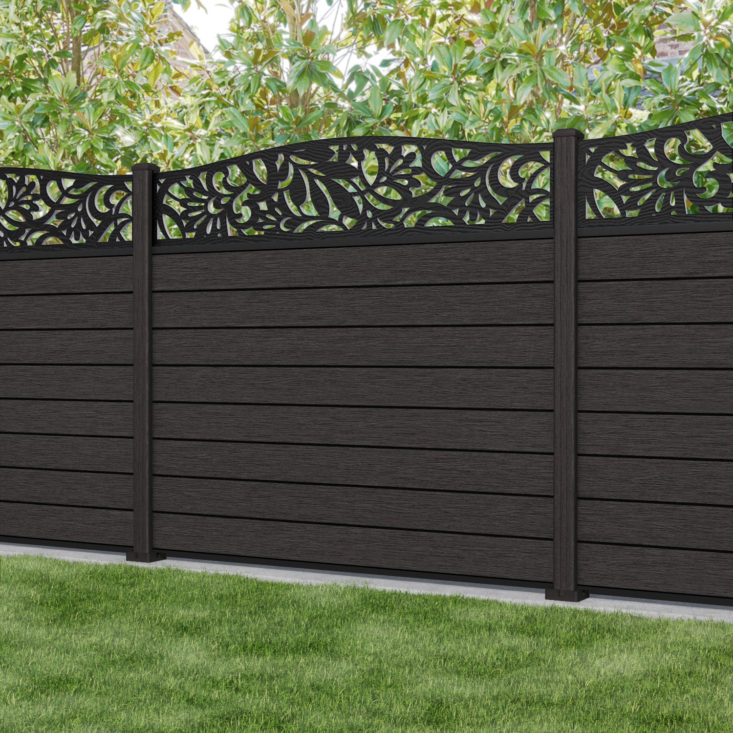 Fusion Heritage Curved Top Fence Panel - Dark Oak - with our composite posts