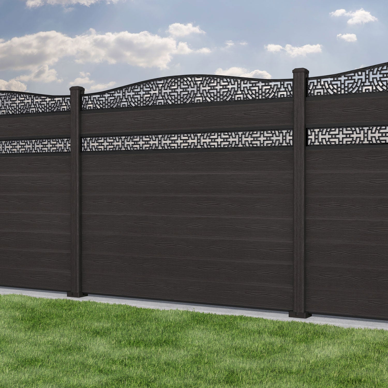 Classic Kumo Curved Top Split Screen Fence Panel - Dark Oak - with our composite posts