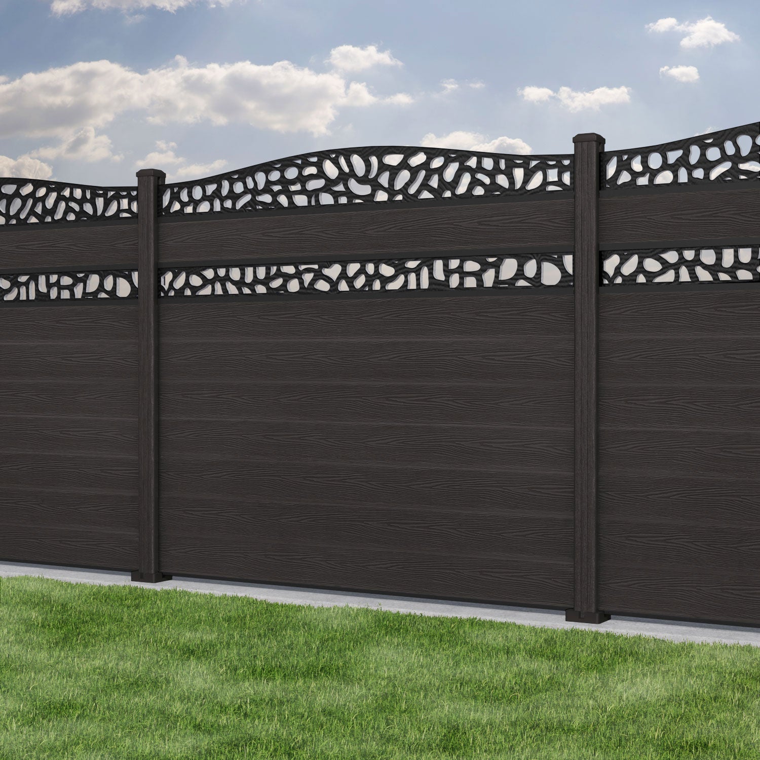 Classic Pebble Curved Top Split Screen Fence Panel - Dark Oak - with our composite posts