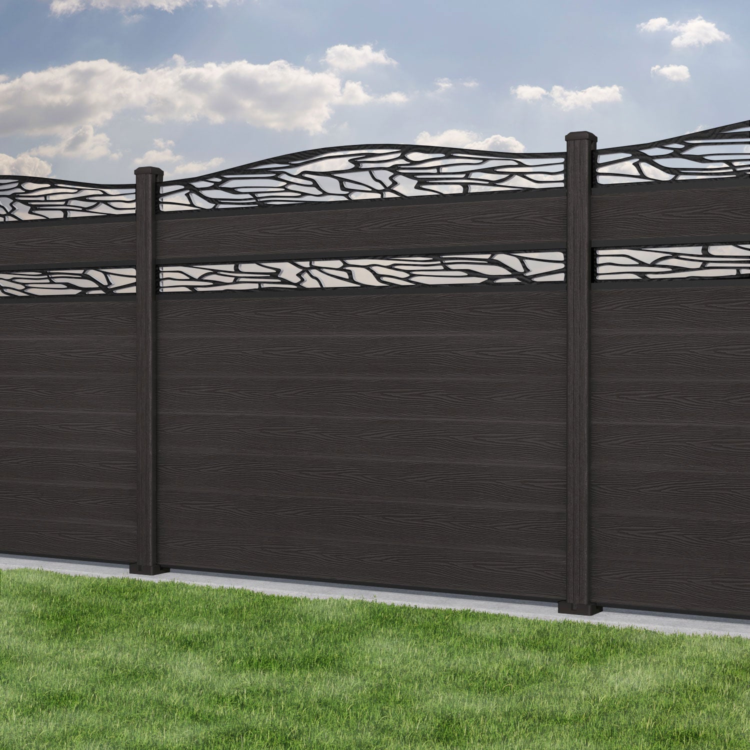 Classic Shatter Curved Top Split Screen Fence Panel - Dark Oak - with our composite posts