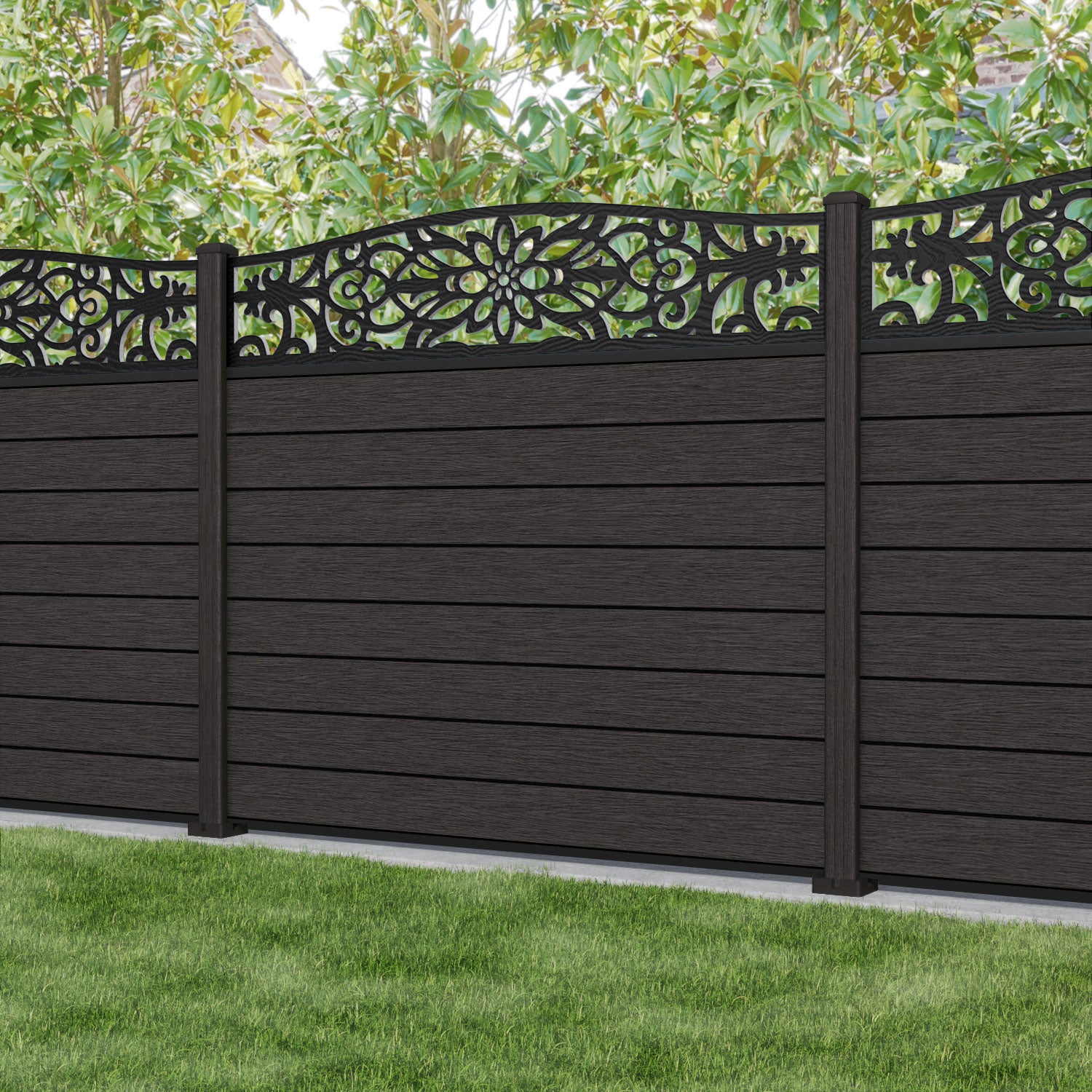 Fusion Windsor Curved Top Fence Panel - Dark Oak - with our composite posts