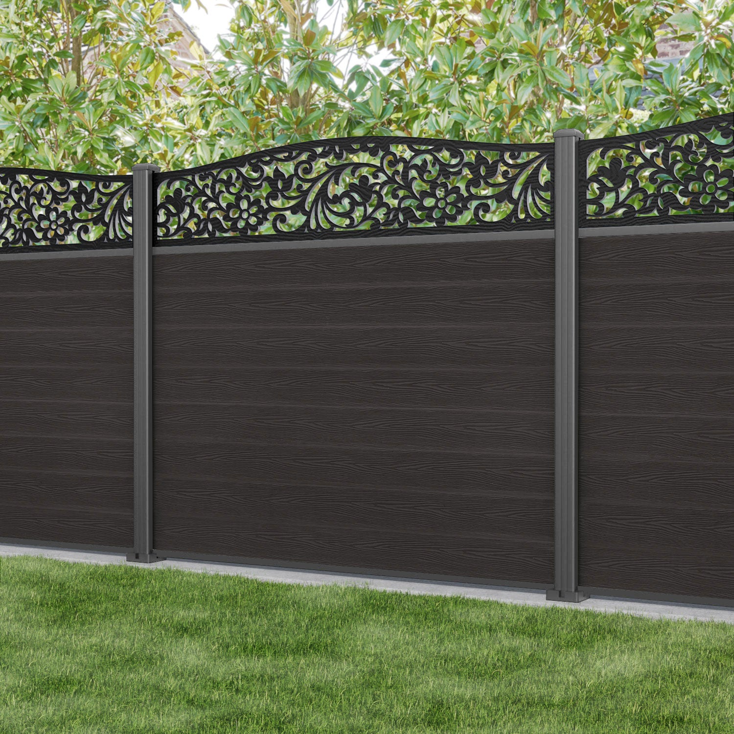 Classic Eden Curved Top Fence Panel - Dark Oak - with our aluminium posts