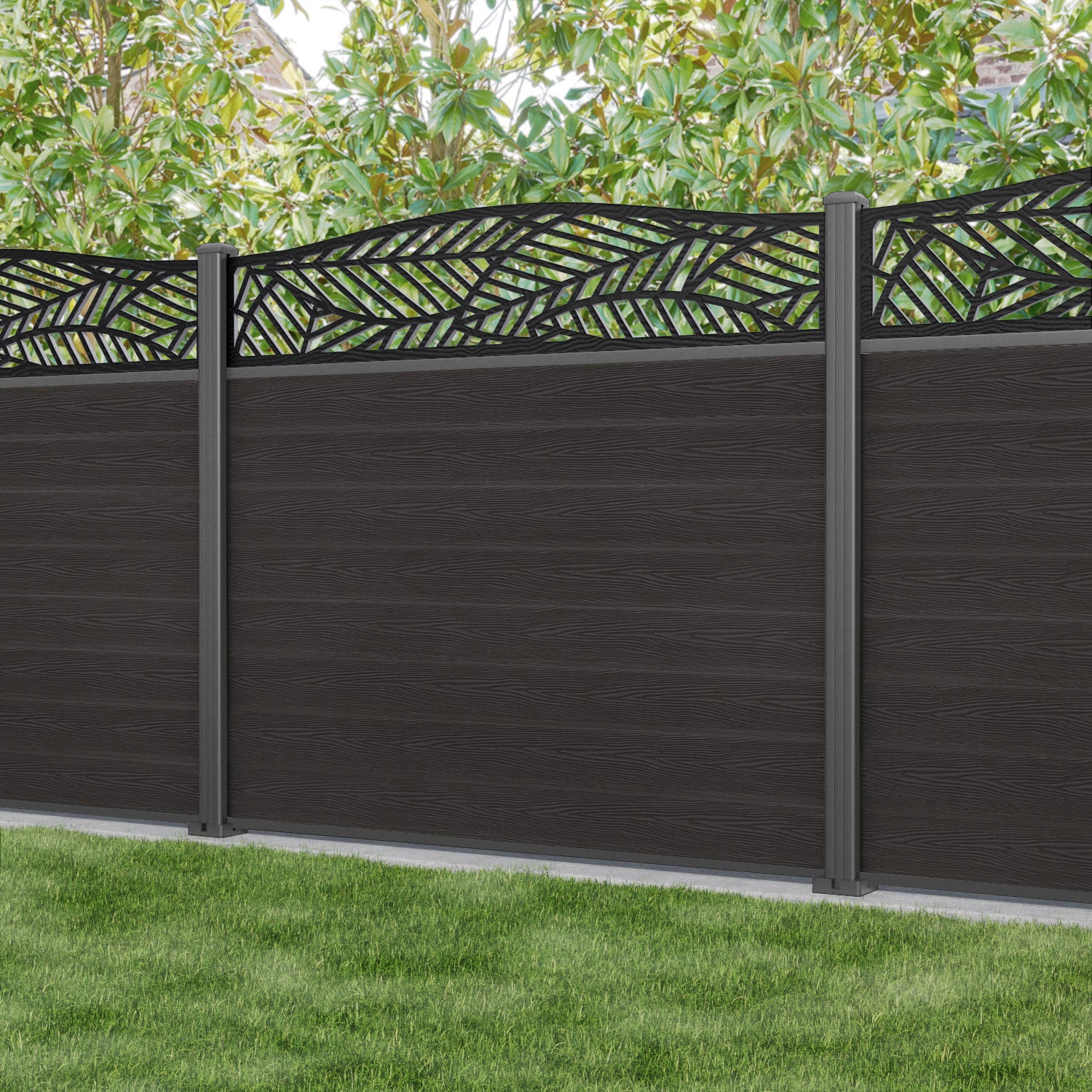 Classic Habitat Curved Top Fence Panel - Dark Oak - with our aluminium posts