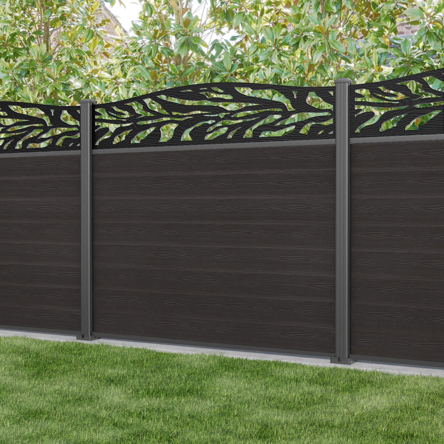 Classic Malawi Curved Top Fence Panel - Dark Oak - with our aluminium posts