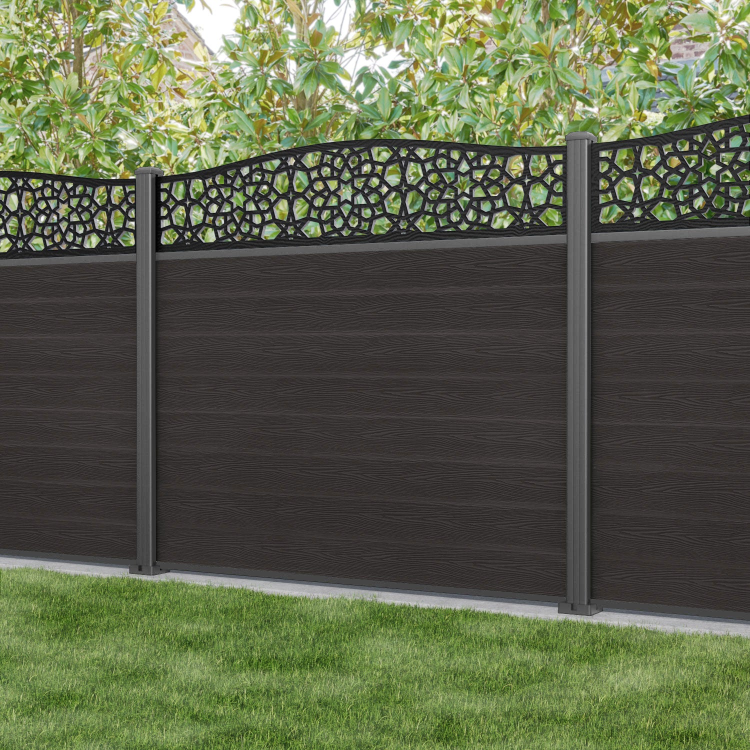 Classic Nazira Curved Top Fence Panel - Dark Oak - with our aluminium posts