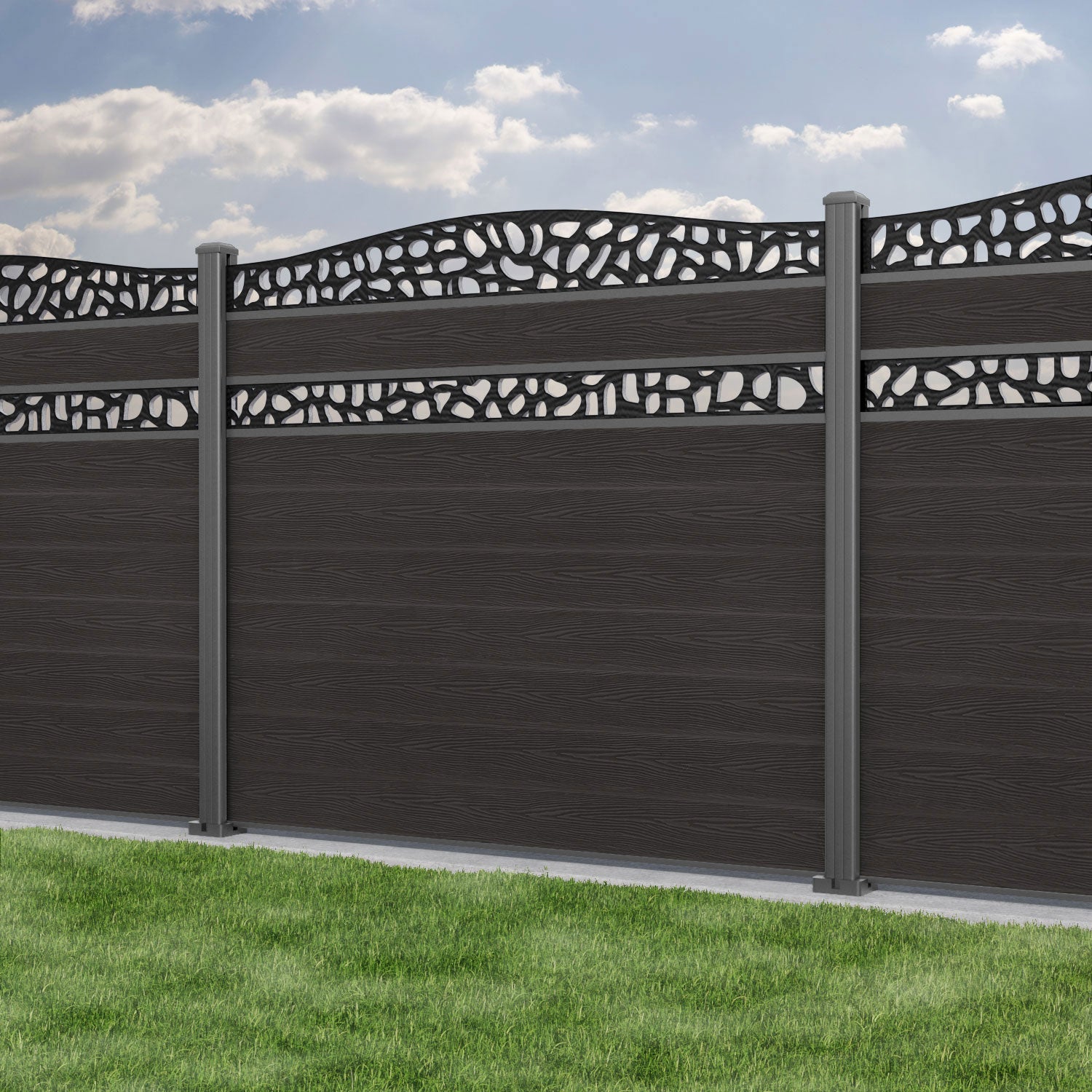 Classic Pebble Curved Top Split Screen Fence Panel - Dark Oak - with our aluminium posts