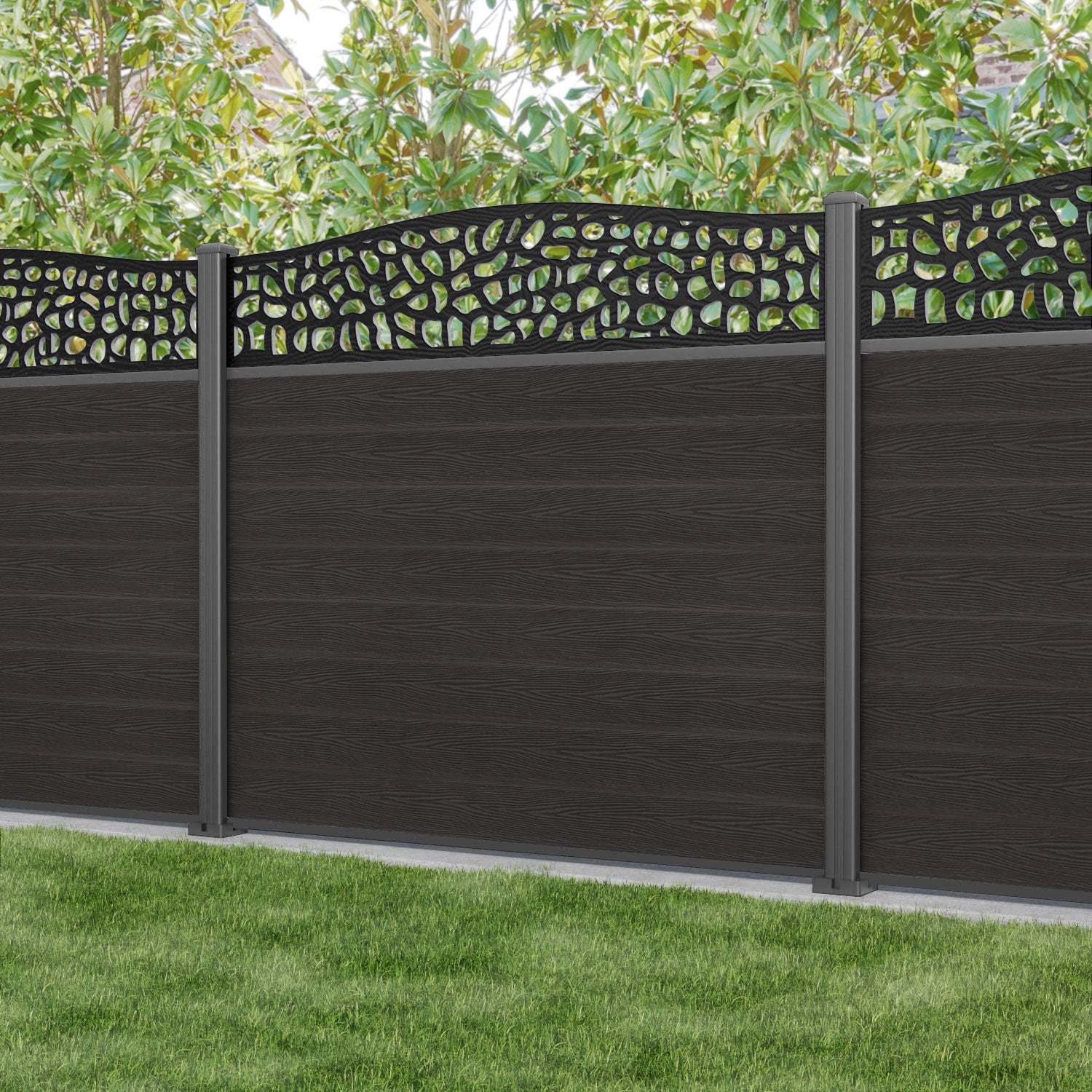 Classic Pebble Curved Top Fence Panel - Dark Oak - with our aluminium posts