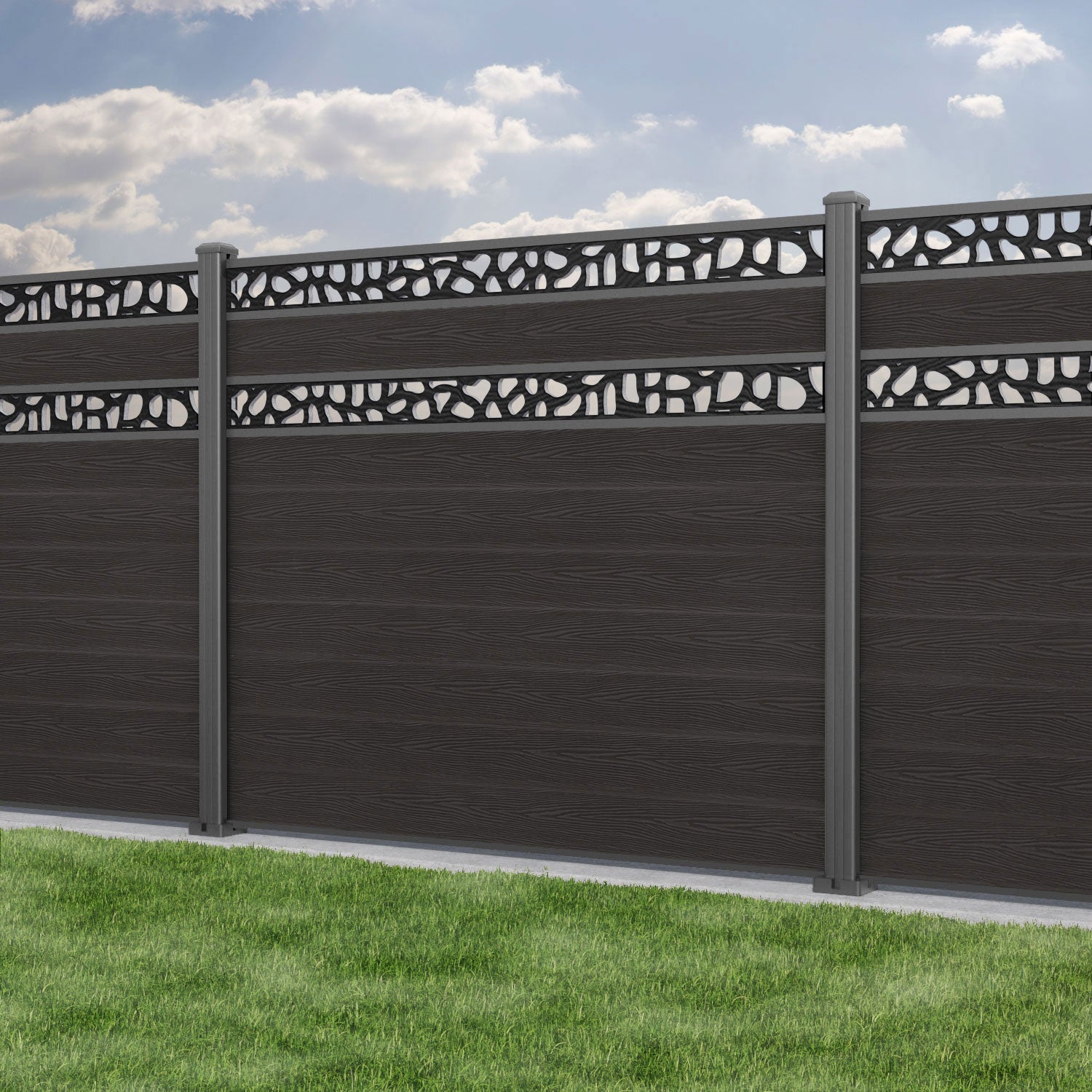 Classic Pebble Split Screen Fence Panel - Dark Oak - with our aluminium posts
