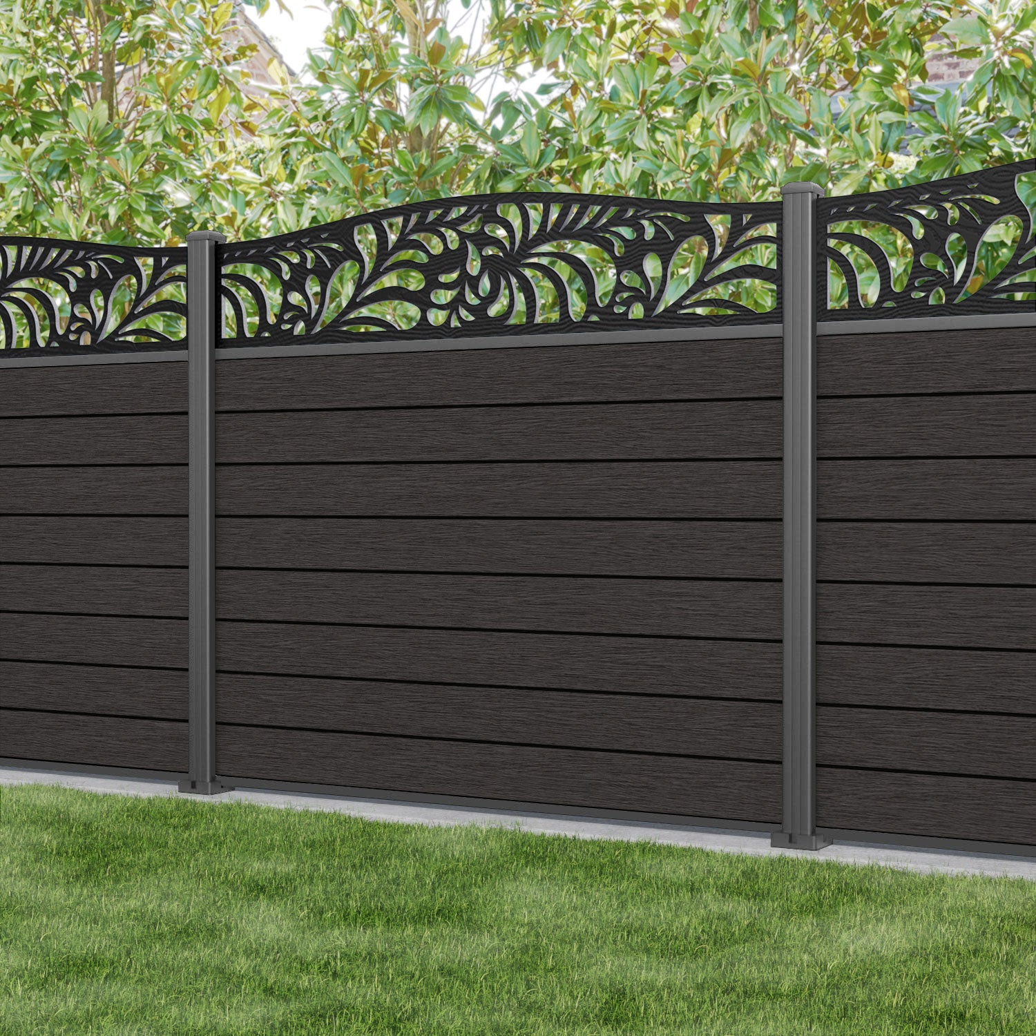 Fusion Pebble Curved Top Fence Panel - Dark Oak - with our aluminium posts