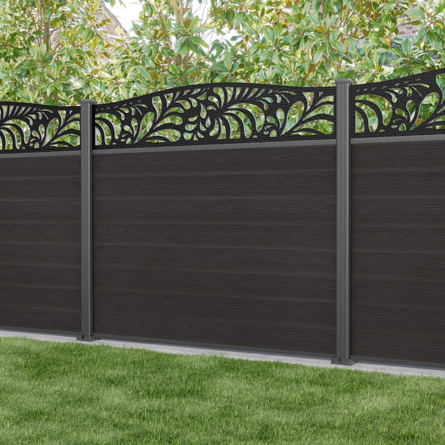 Classic Petal Curved Top Fence Panel - Dark Oak - with our aluminium posts
