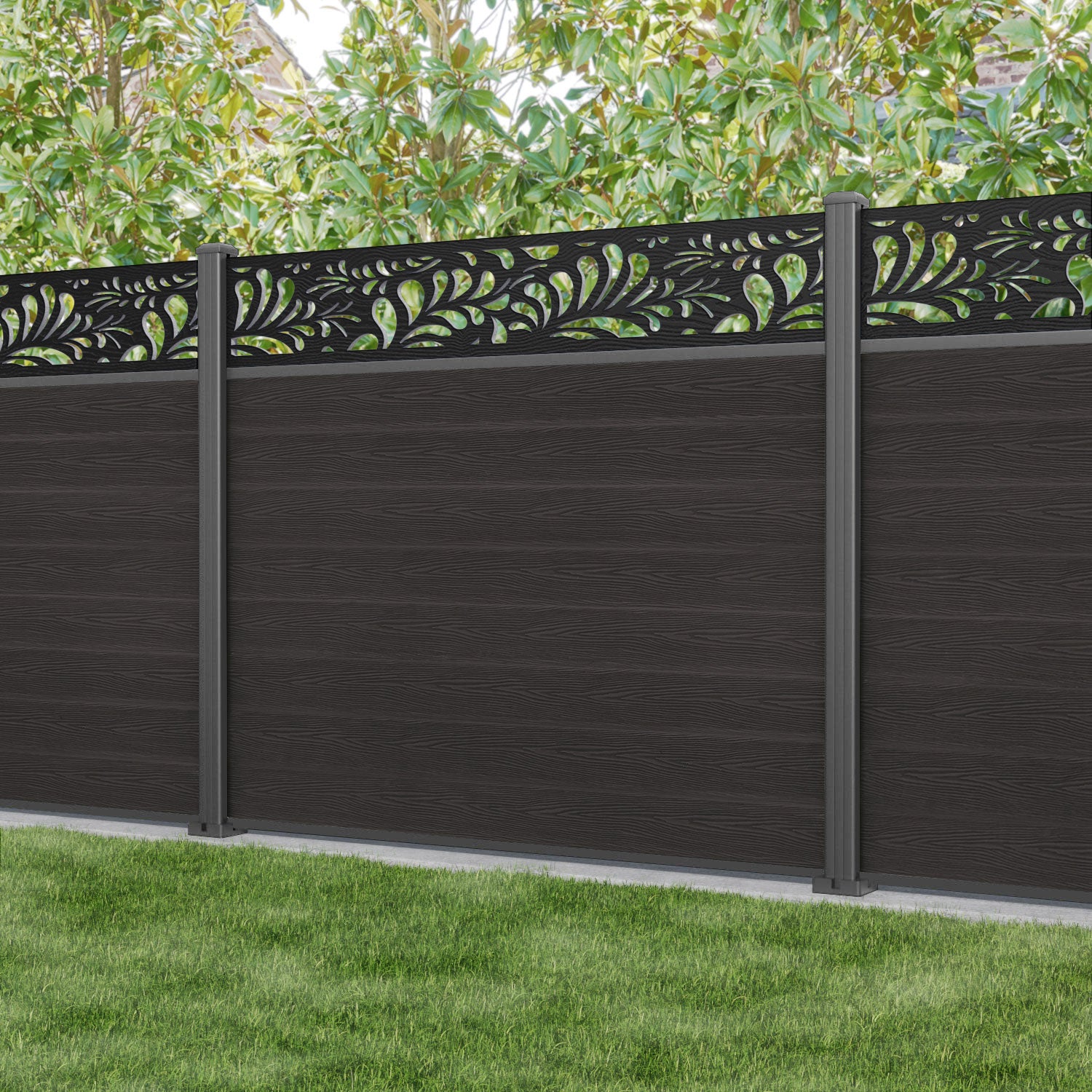Classic Petal Fence Panel - Dark Oak - with our aluminium posts
