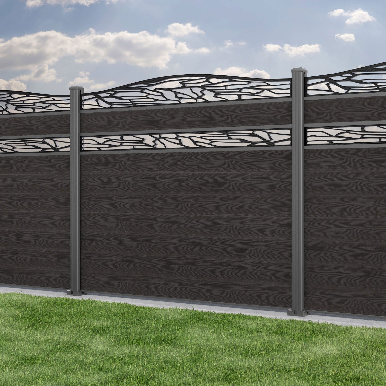 Classic Shatter Curved Top Split Screen Fence Panel - Dark Oak - with our aluminium posts