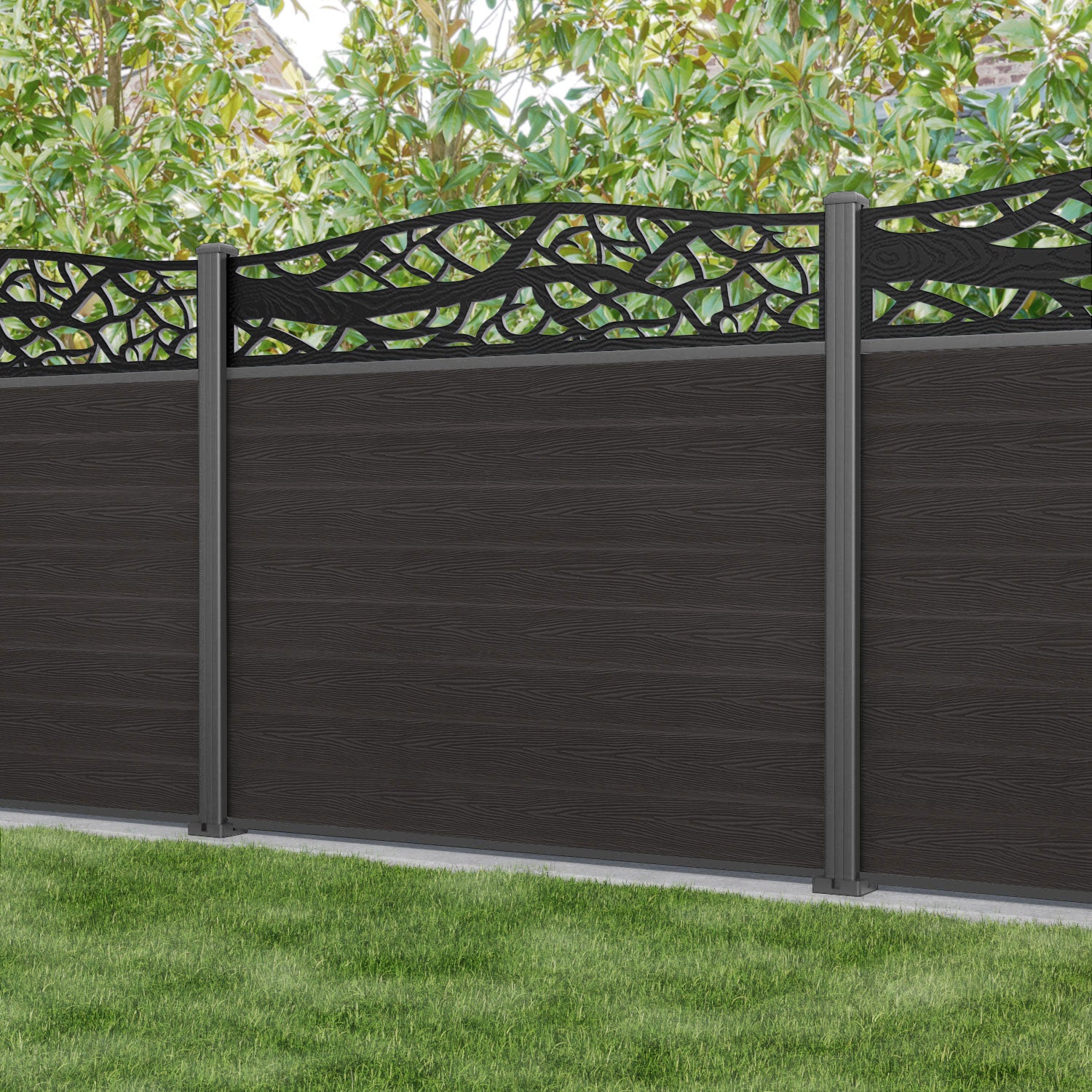 Classic Twilight Curved Top Fence Panel - Dark Oak - with our aluminium posts